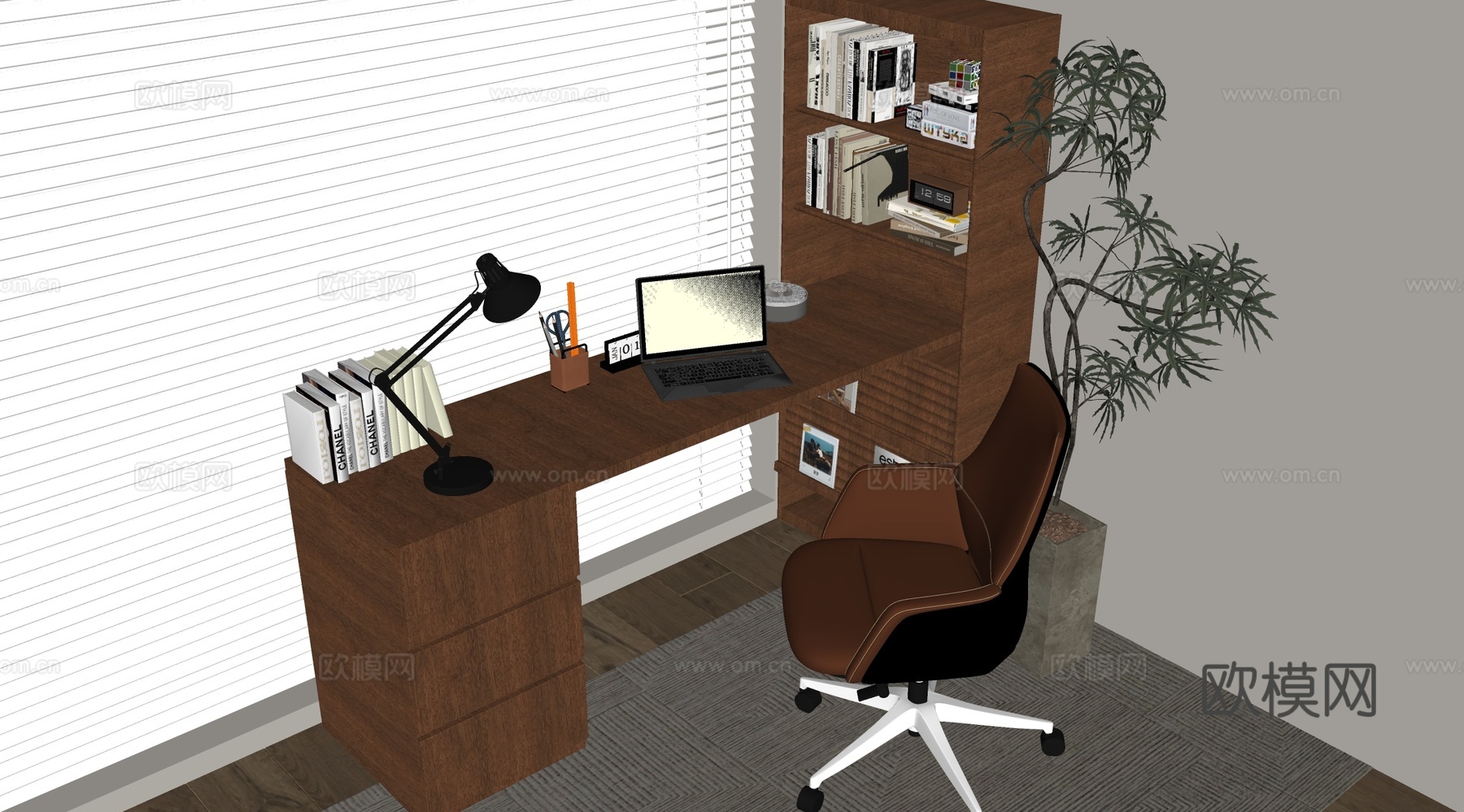 现代书房 书桌椅  办公桌椅 摆件组合 书柜su模型