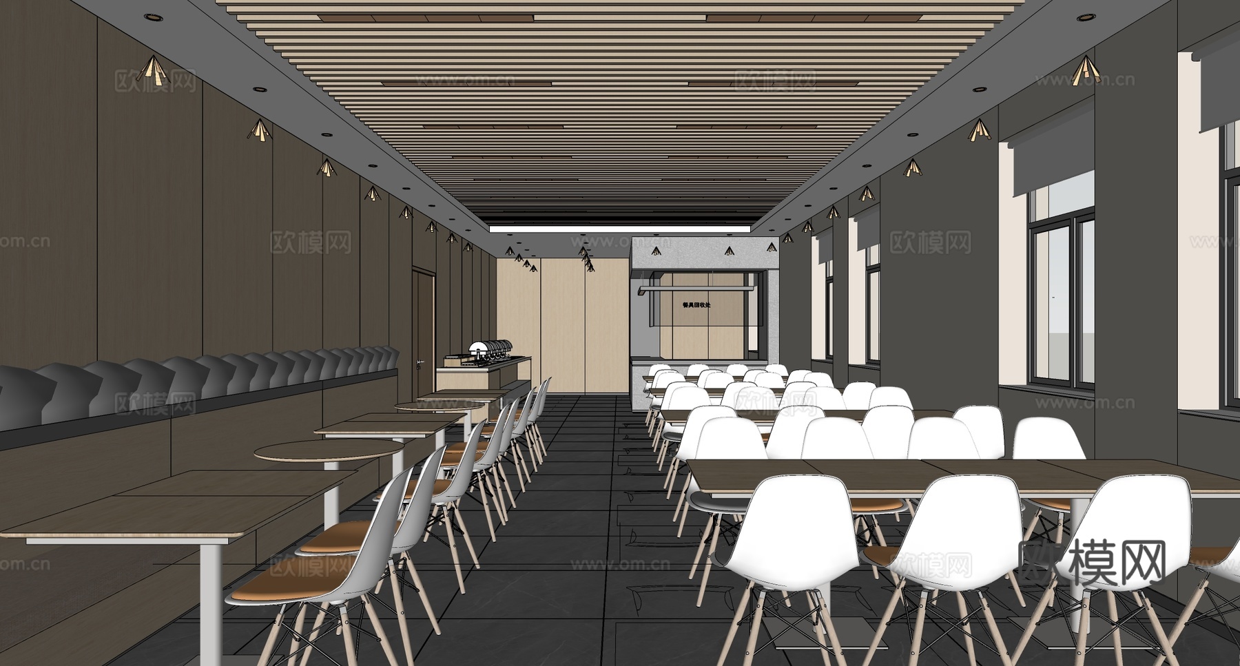 现代自助餐厅 员工餐厅 食堂餐厅 餐桌椅组合su模型