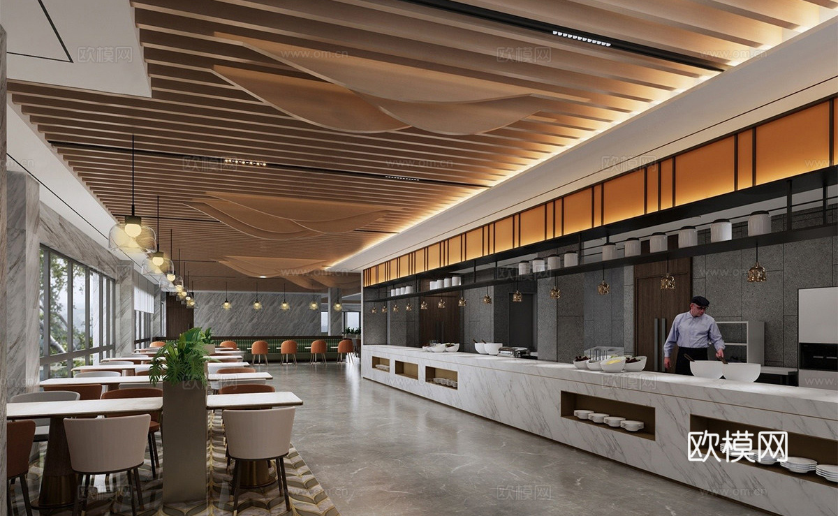 现代自助餐厅  酒店餐厅 明档餐厅 食堂餐厅su模型