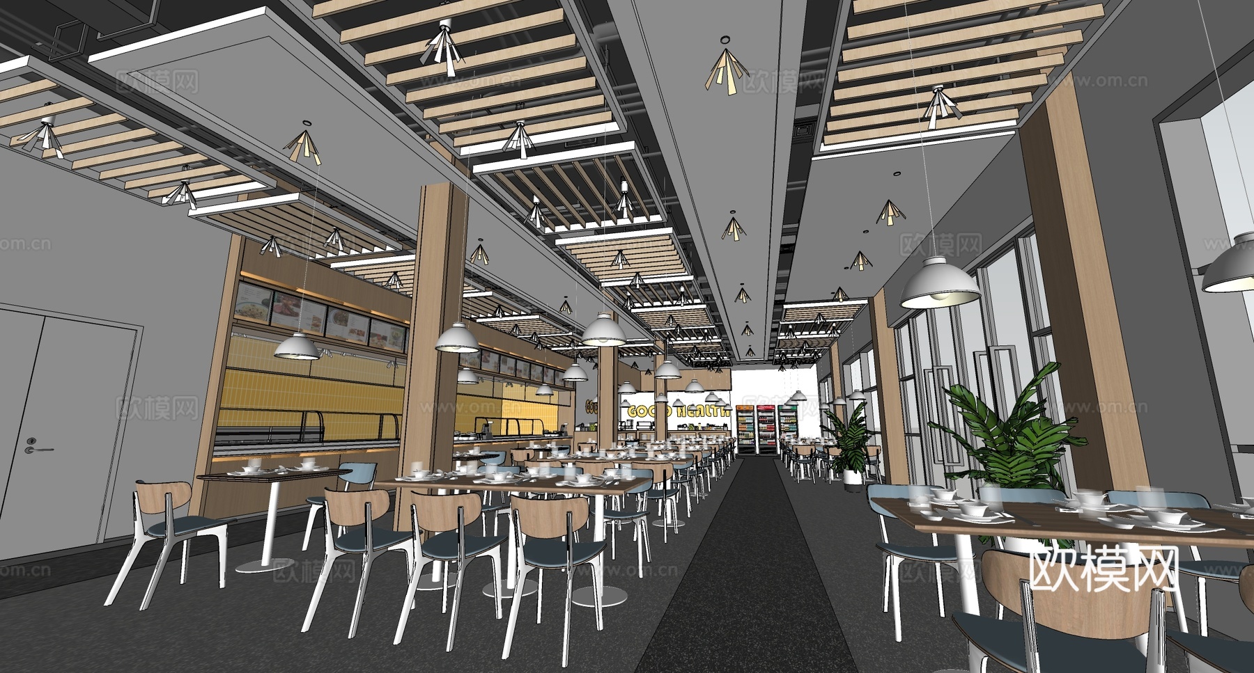 现代食堂 食堂明档 学校食堂 员工食堂su模型
