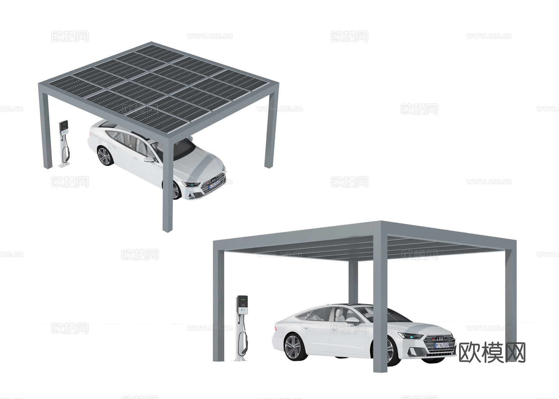 现代停车棚 停车场 充电桩 棚架 钢结构su模型