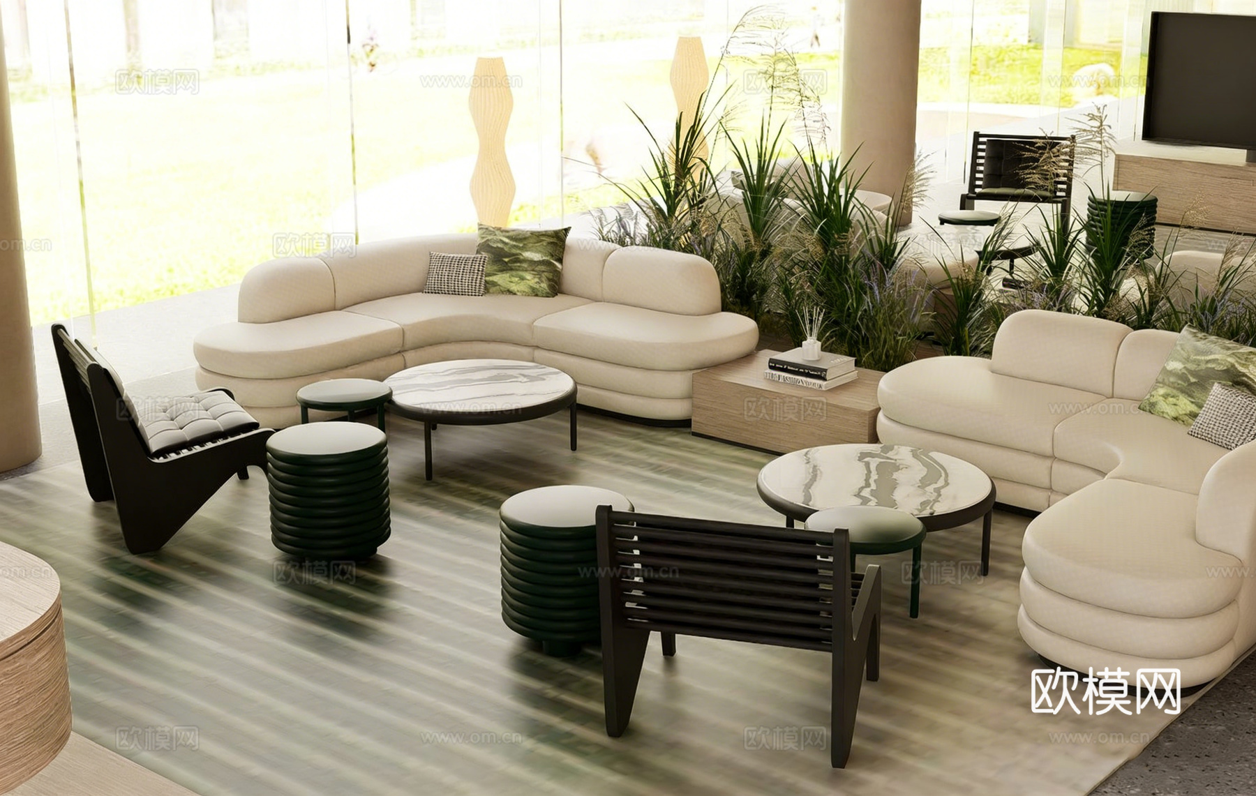 现代简约挑高酒店大堂 弧形沙发 悬浮楼梯 接待区su模型