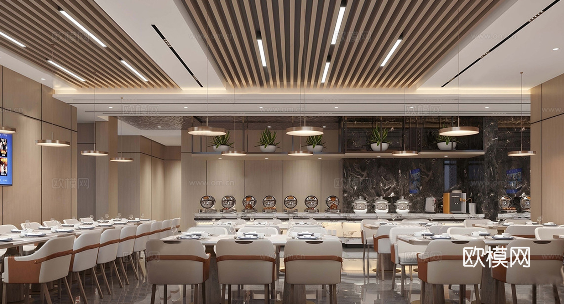 现代自助餐厅  酒店餐厅 员工食堂 公司餐厅食堂 餐桌椅su模型