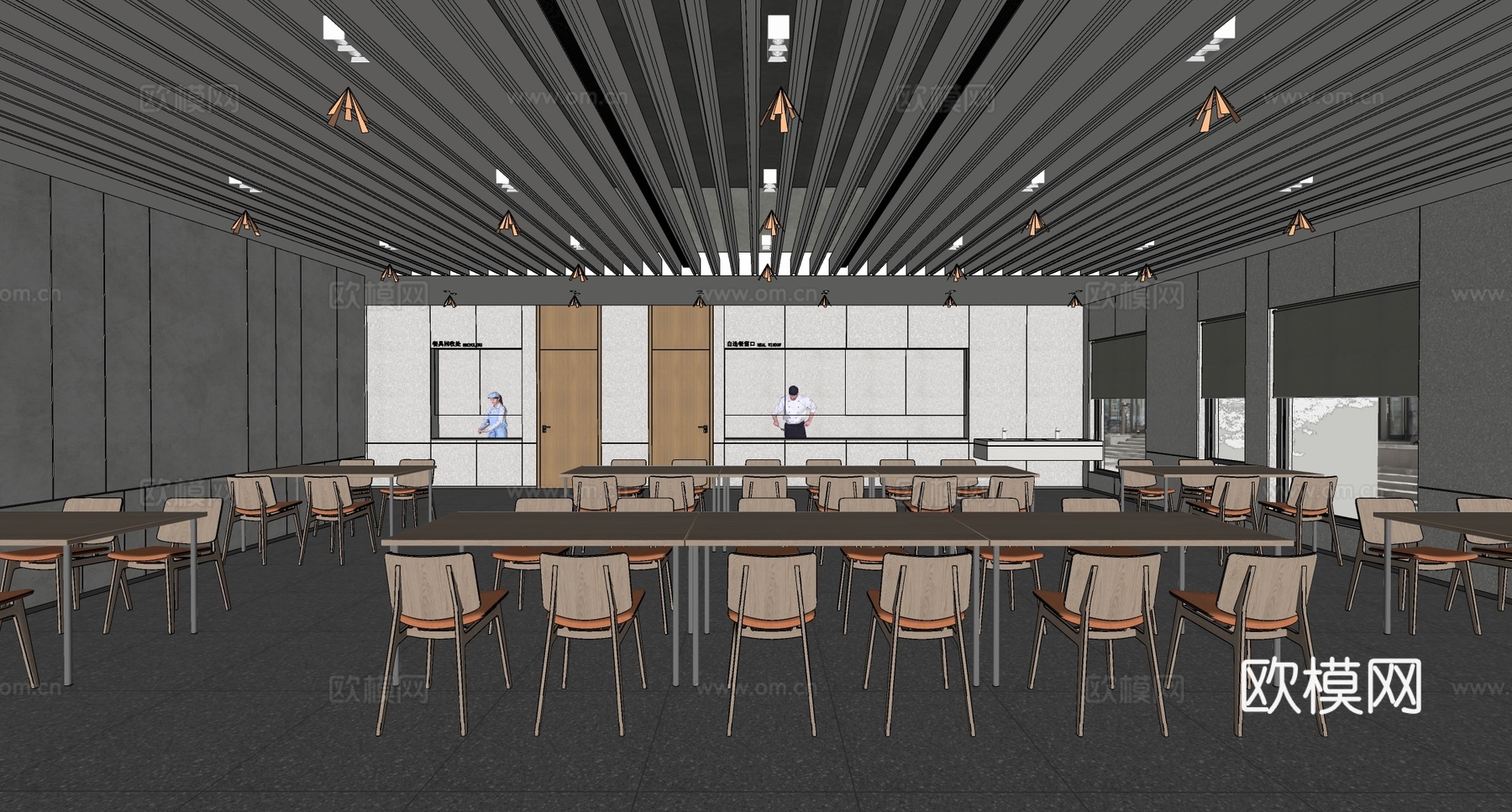 现代自助餐厅 员工食堂 自助餐厅 餐桌椅组合su模型
