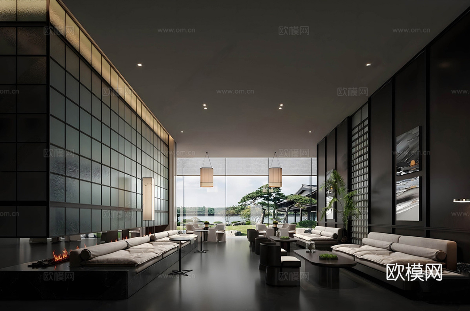 新中式售楼处 洽谈间 会所 沙发组合su模型