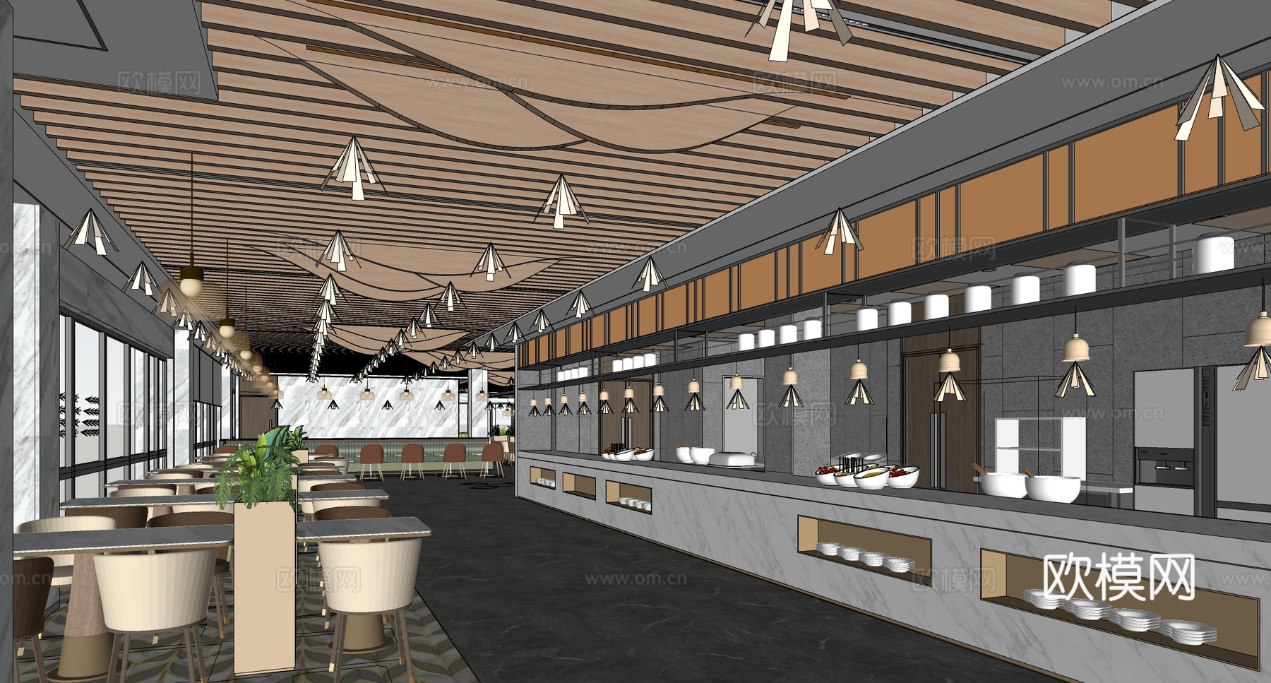 现代自助餐厅  酒店餐厅 明档餐厅 食堂餐厅su模型