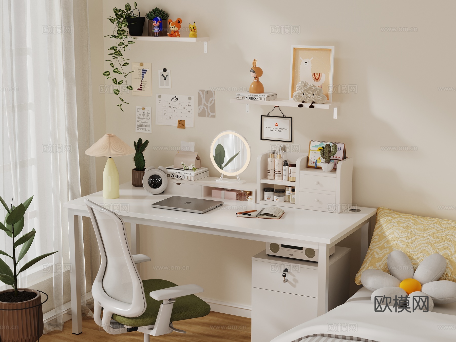 奶油风书房书桌组合电脑桌摆件置物架3d模型下载（渲染图1）