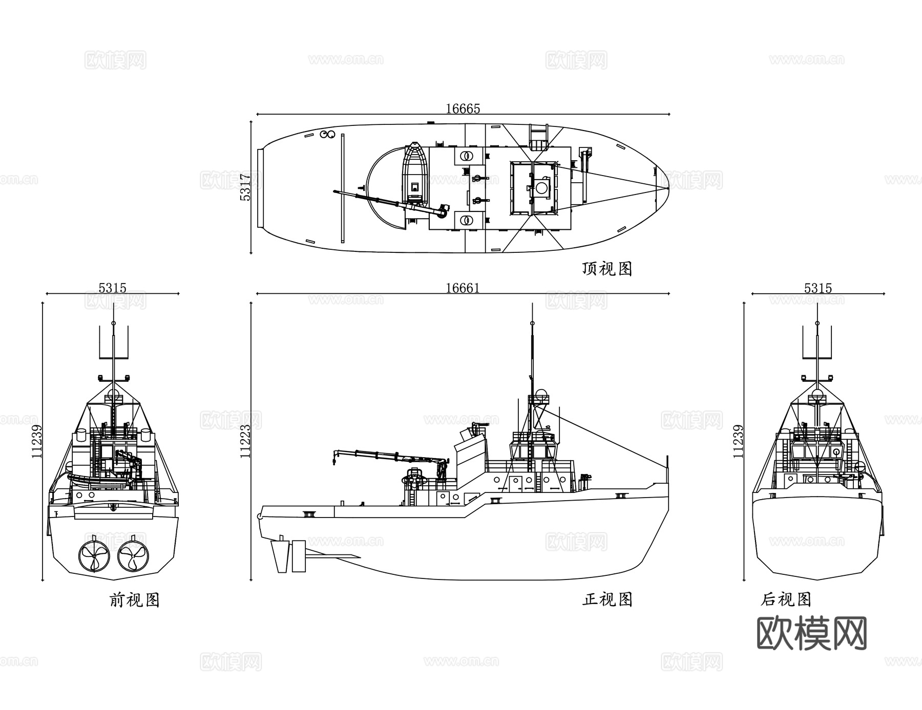 拖轮 牵引船 拖驳船 港作拖船 助力拖船cad施工图