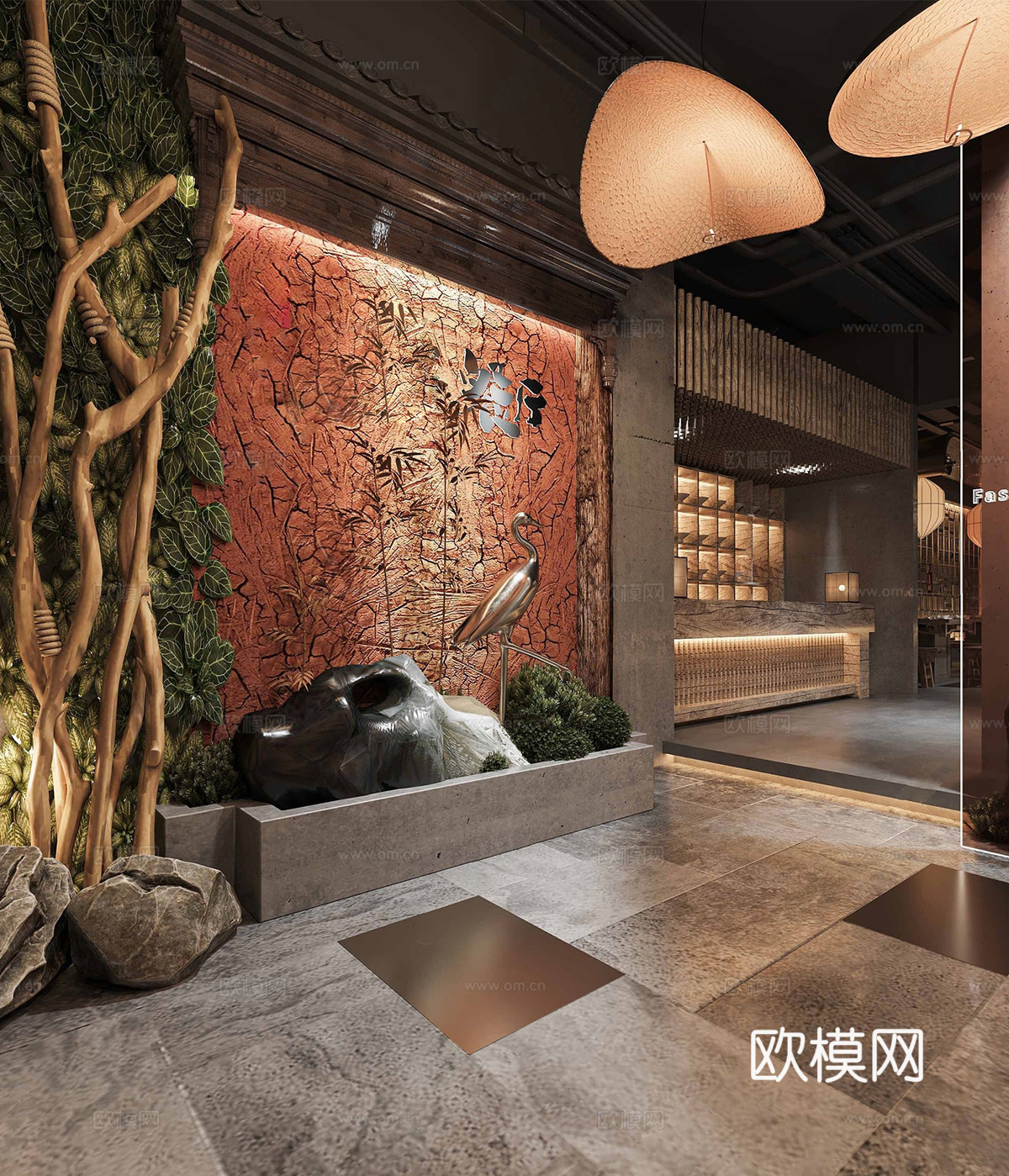 侘寂酒店玄关酒店过道 会所过道su模型