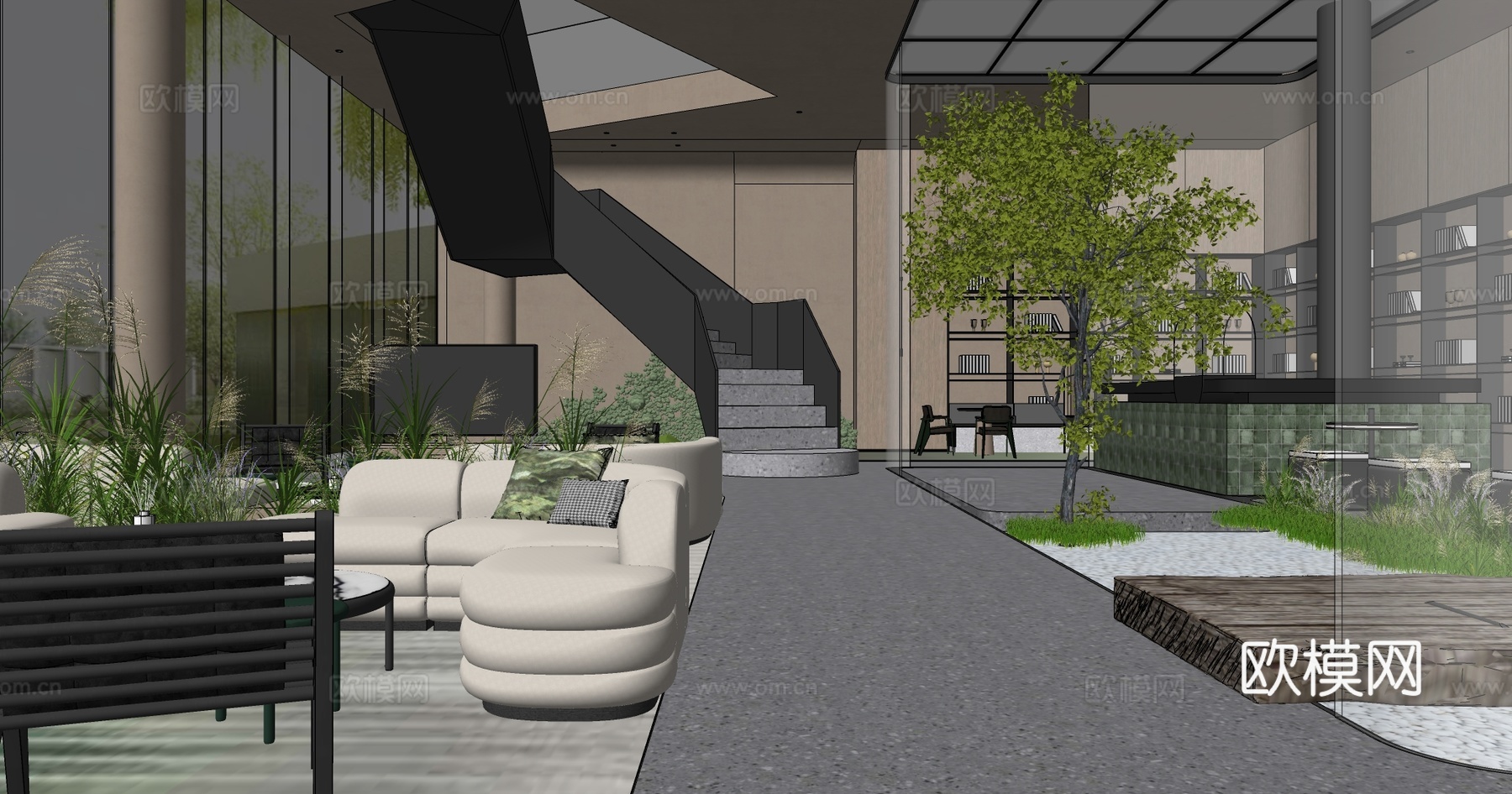 现代简约挑高酒店大堂 弧形沙发 悬浮楼梯 接待区su模型