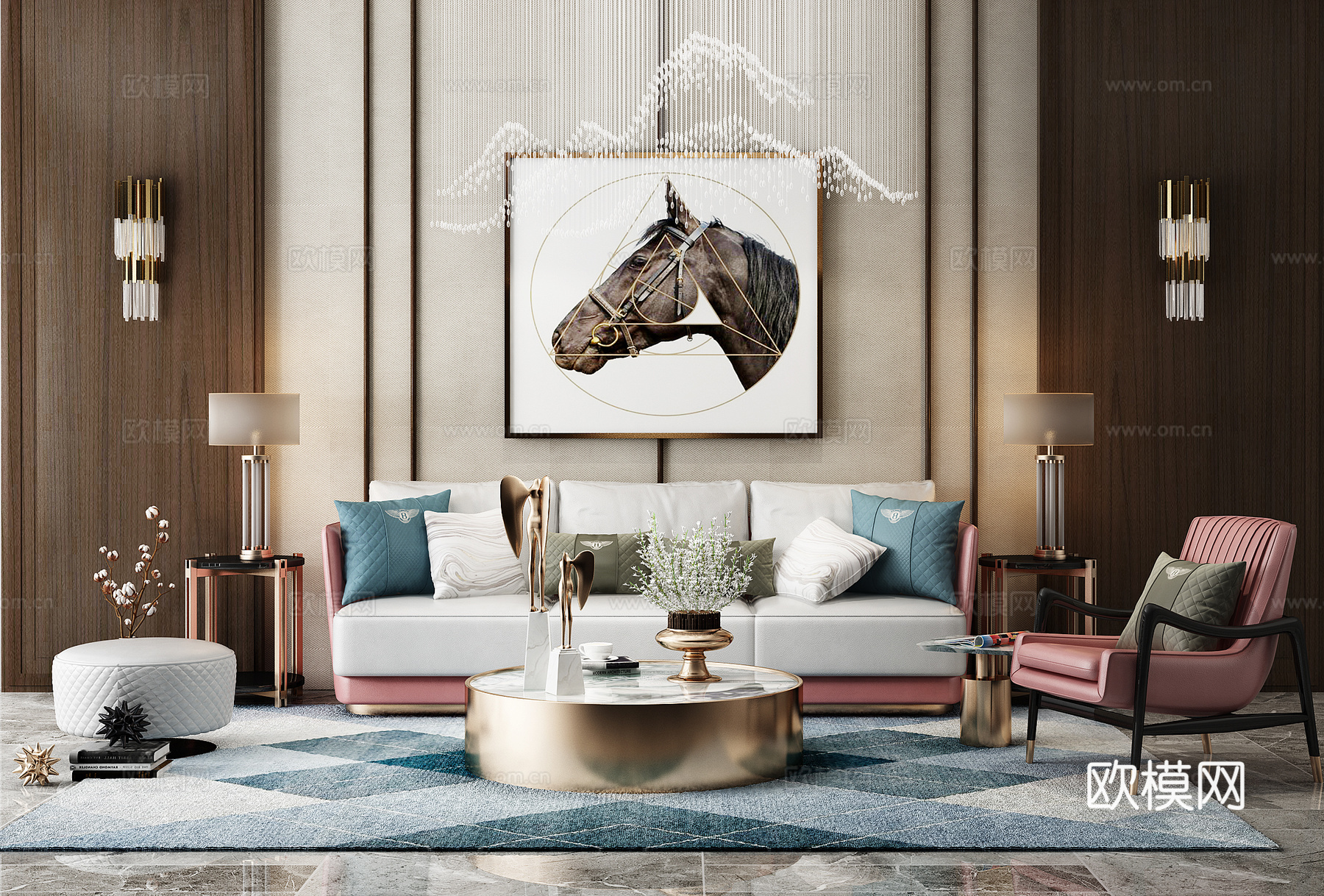 现代沙发吊灯壁灯沙发组合3d模型下载