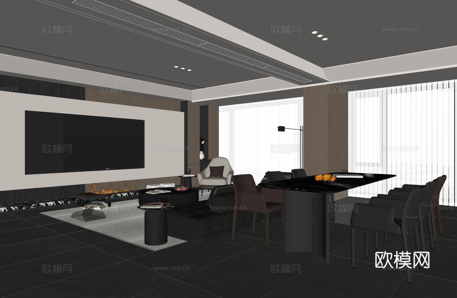 现代意式客餐厅 沙发茶几 电视背景墙 餐桌椅 地毯su模型