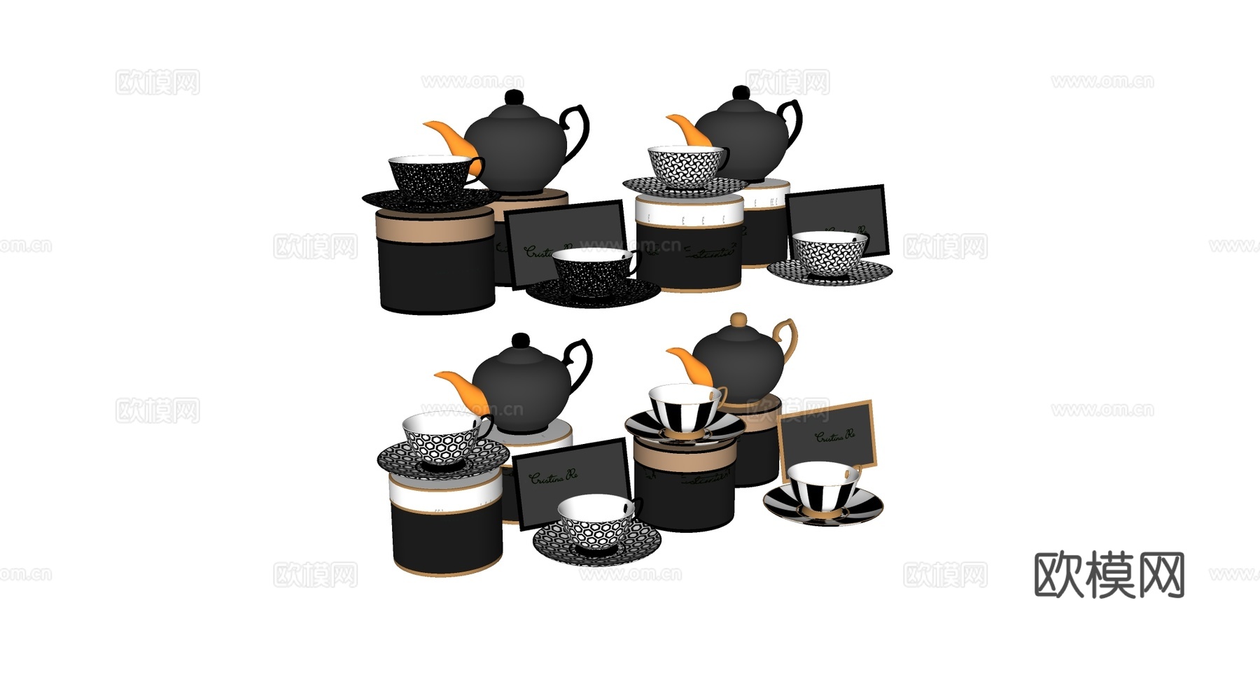 轻奢风茶具静物组合 黑金配色 锤纹茶壶 几何花纹茶杯茶碟套装su模型
