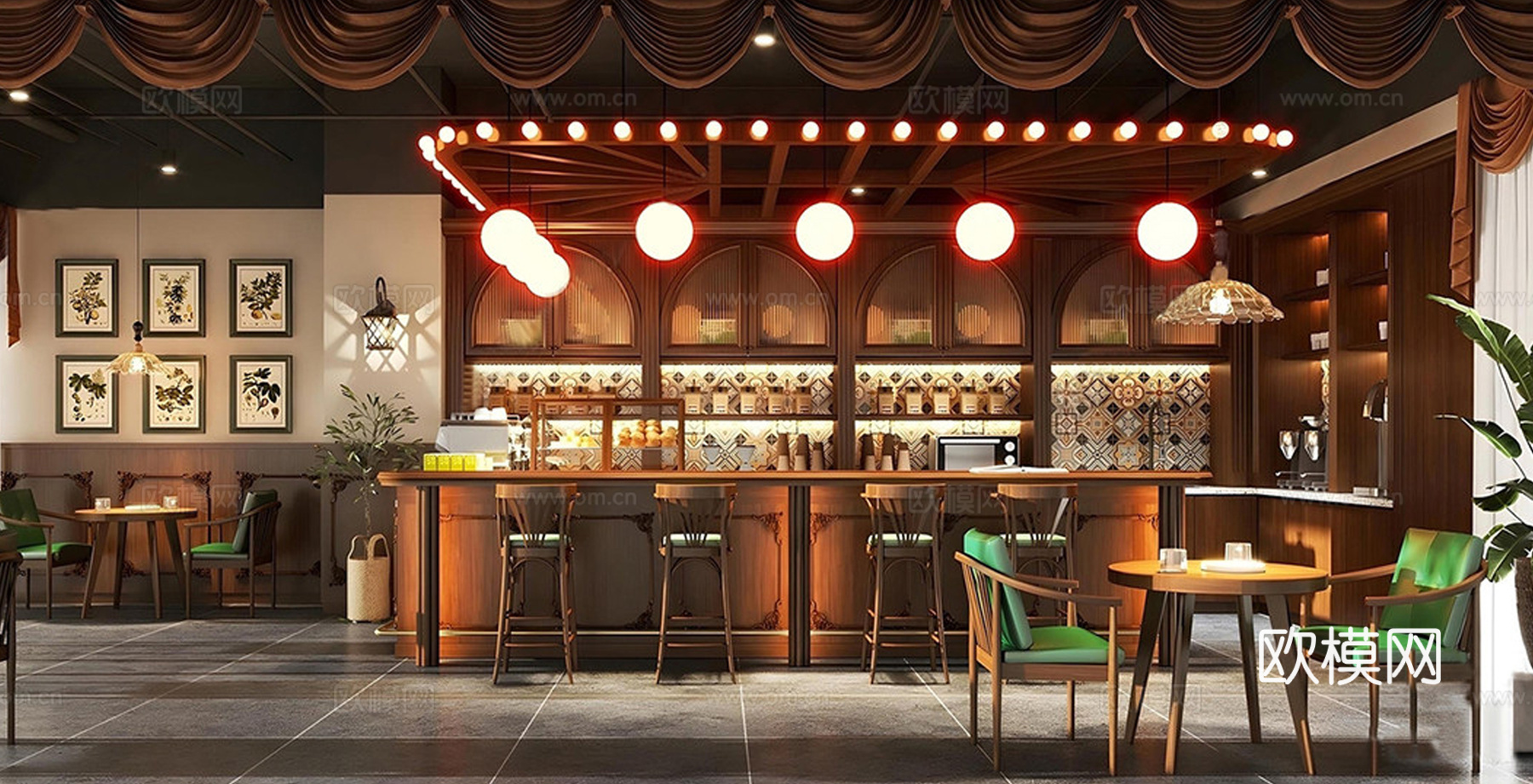 美式咖啡店 奶茶店 咖啡餐桌椅组合 咖啡操作台su模型