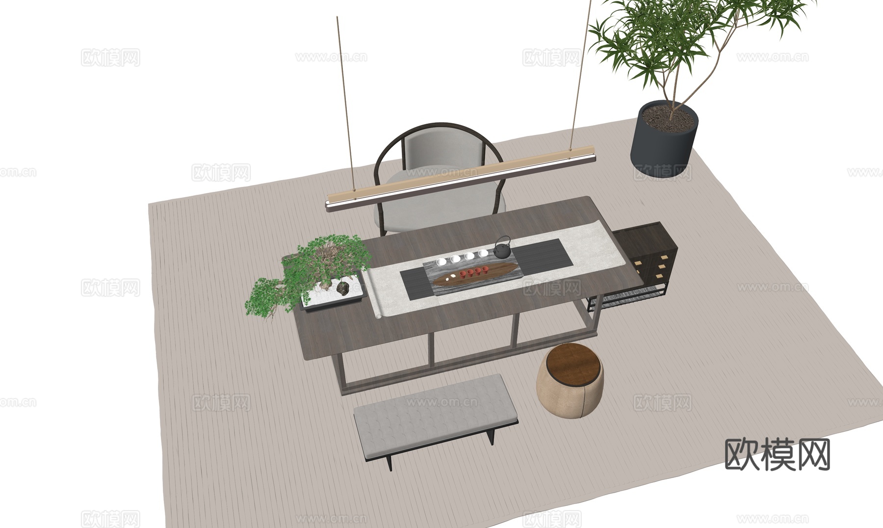 新中式茶桌椅 书桌椅 茶具 吊灯 茶室su模型