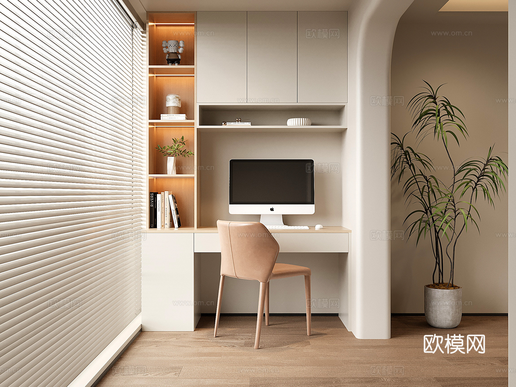 现代阳台书桌 书柜 书桌书柜一体柜 书架su模型