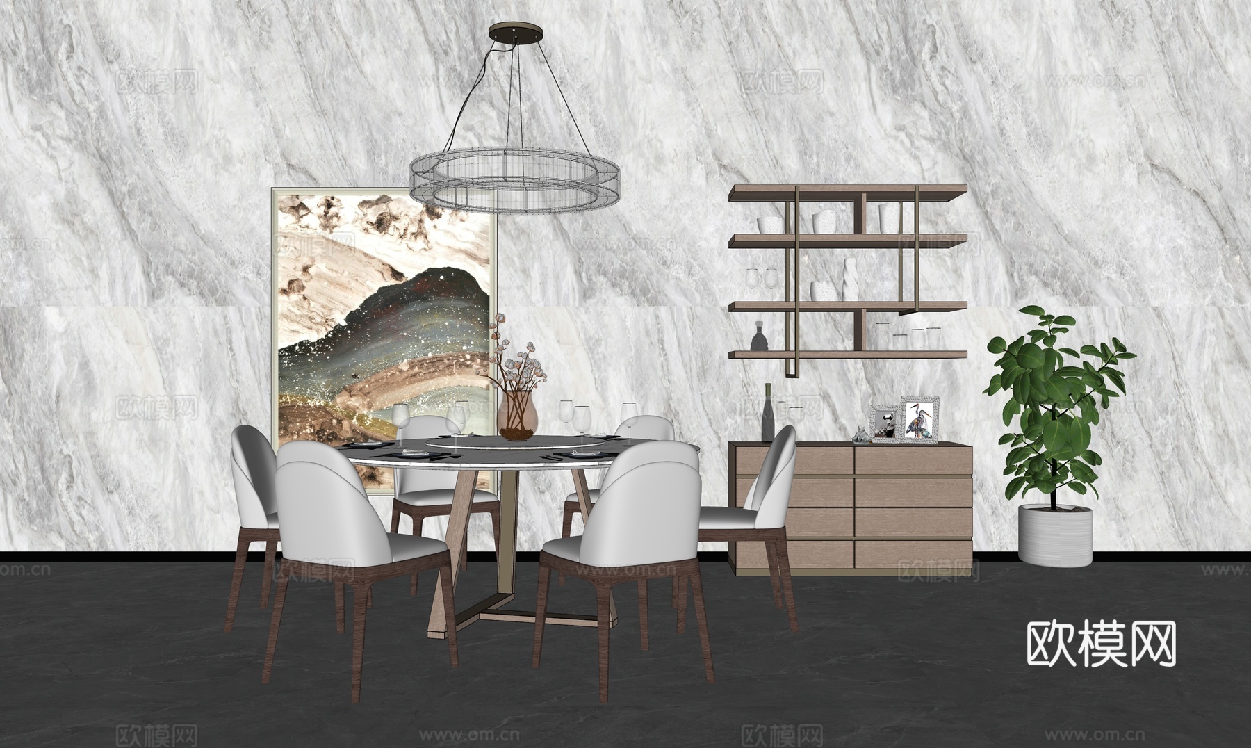 现代风格餐桌椅_展示柜_装饰品_吊灯_挂画_餐具su模型