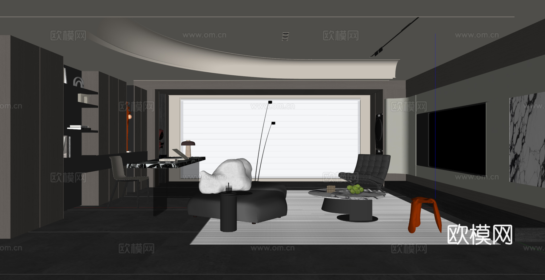 现代意式客厅 大平层 沙发茶几 书桌椅 电视背景墙 书柜su模型