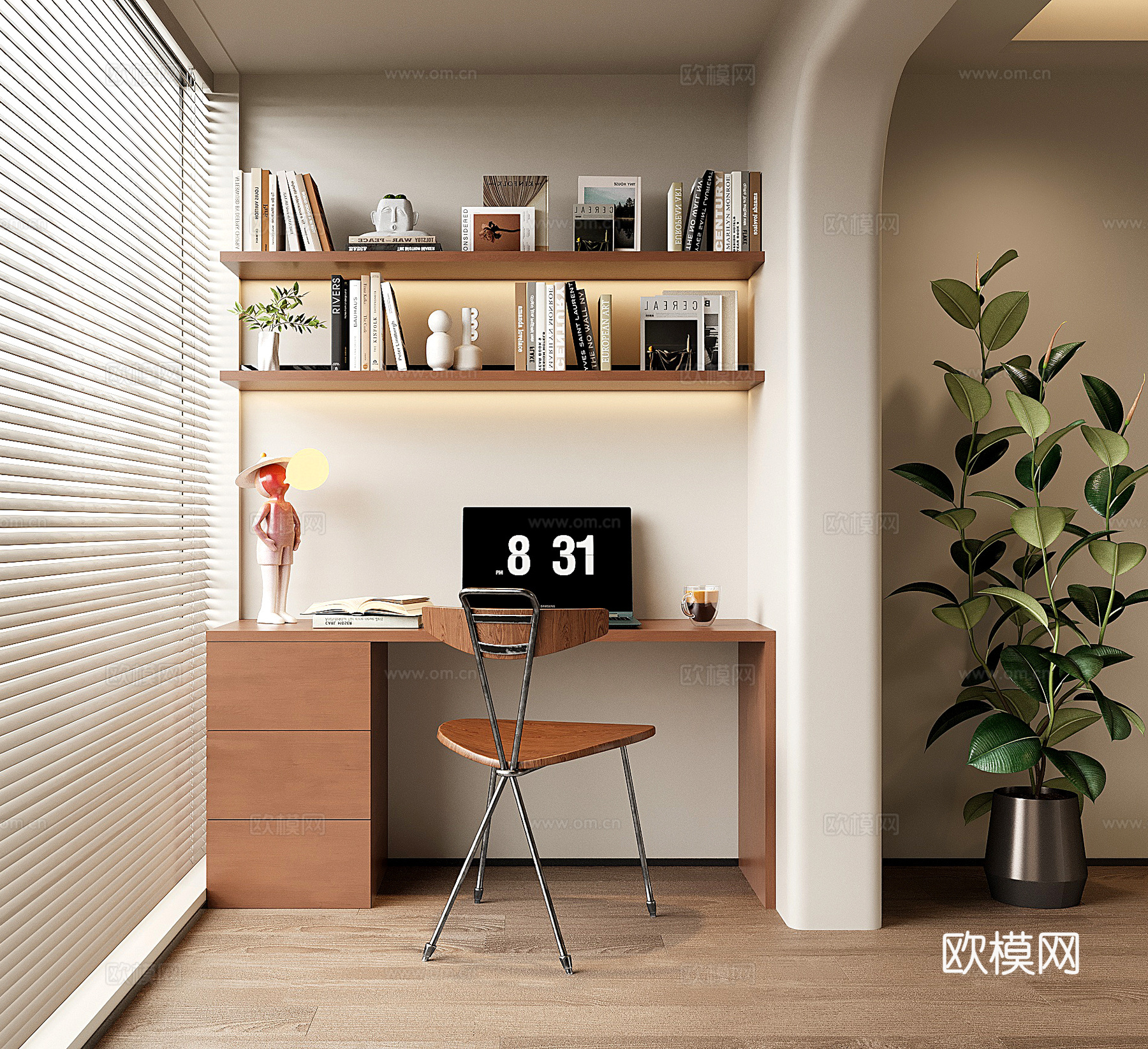 现代中古阳台书桌 书柜 书桌书柜一体柜su模型