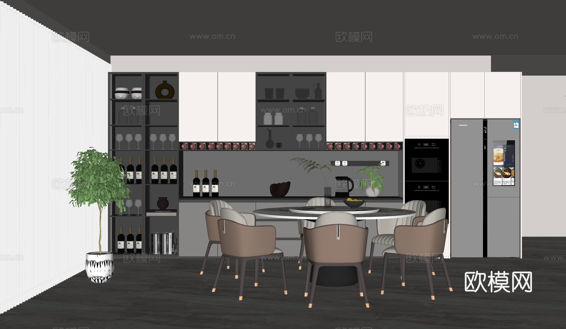 现代大理石餐桌椅组合_餐厅_圆形岩板餐桌_六人_皮革靠背餐椅su模型