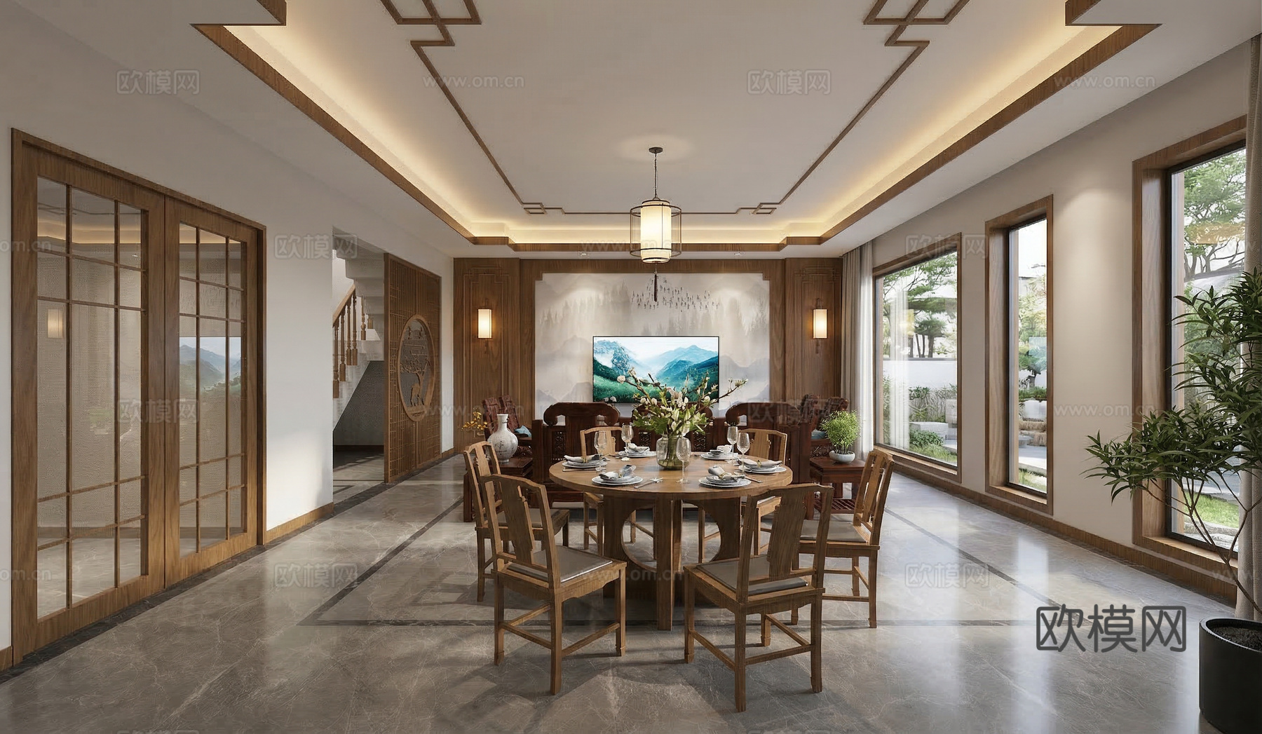 中式客餐厅_沙发_红木沙发_边几_电视墙_楼梯_餐桌su模型