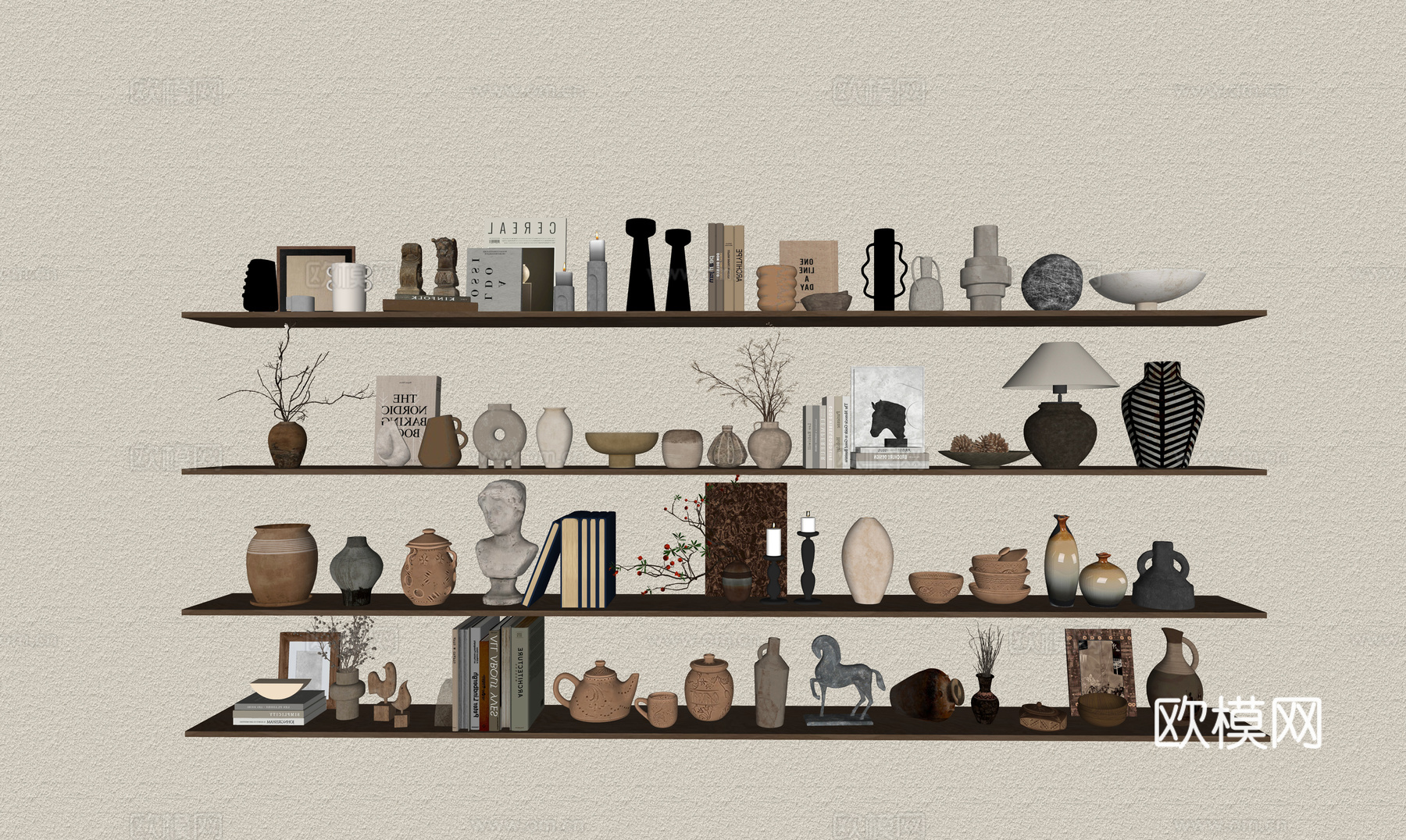 中古侘寂摆件组合 中古风摆件 侘寂风摆件 书籍 花瓶花艺 台su模型