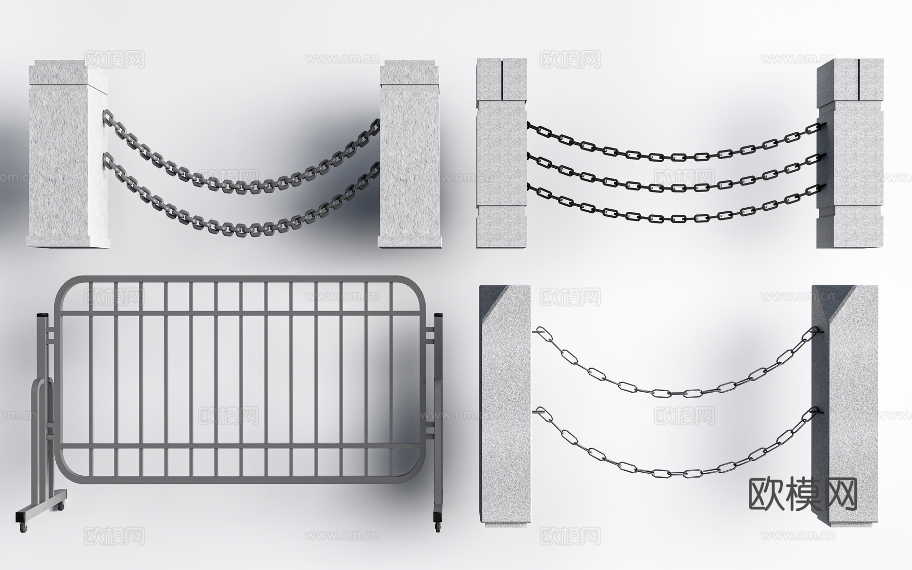 现代滨水护栏 铁索栏杆 石材护栏su模型