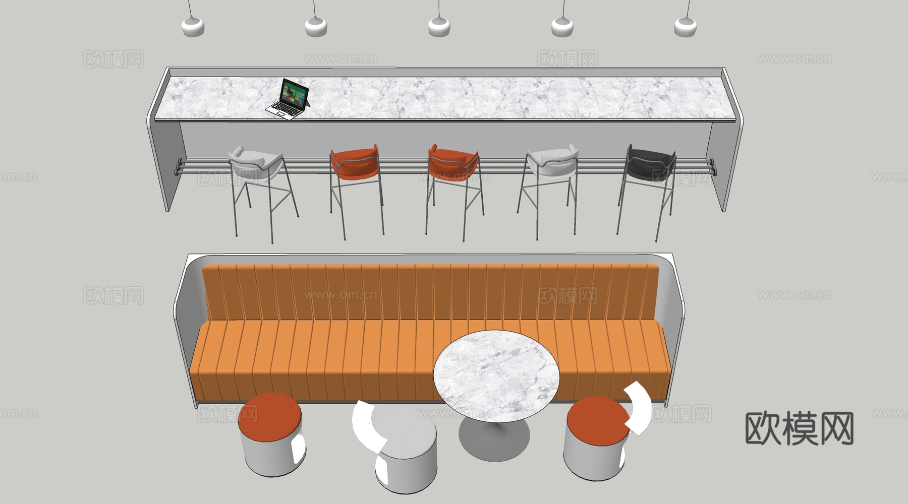 现代吧台桌椅 办公卡座 休息区桌椅su模型