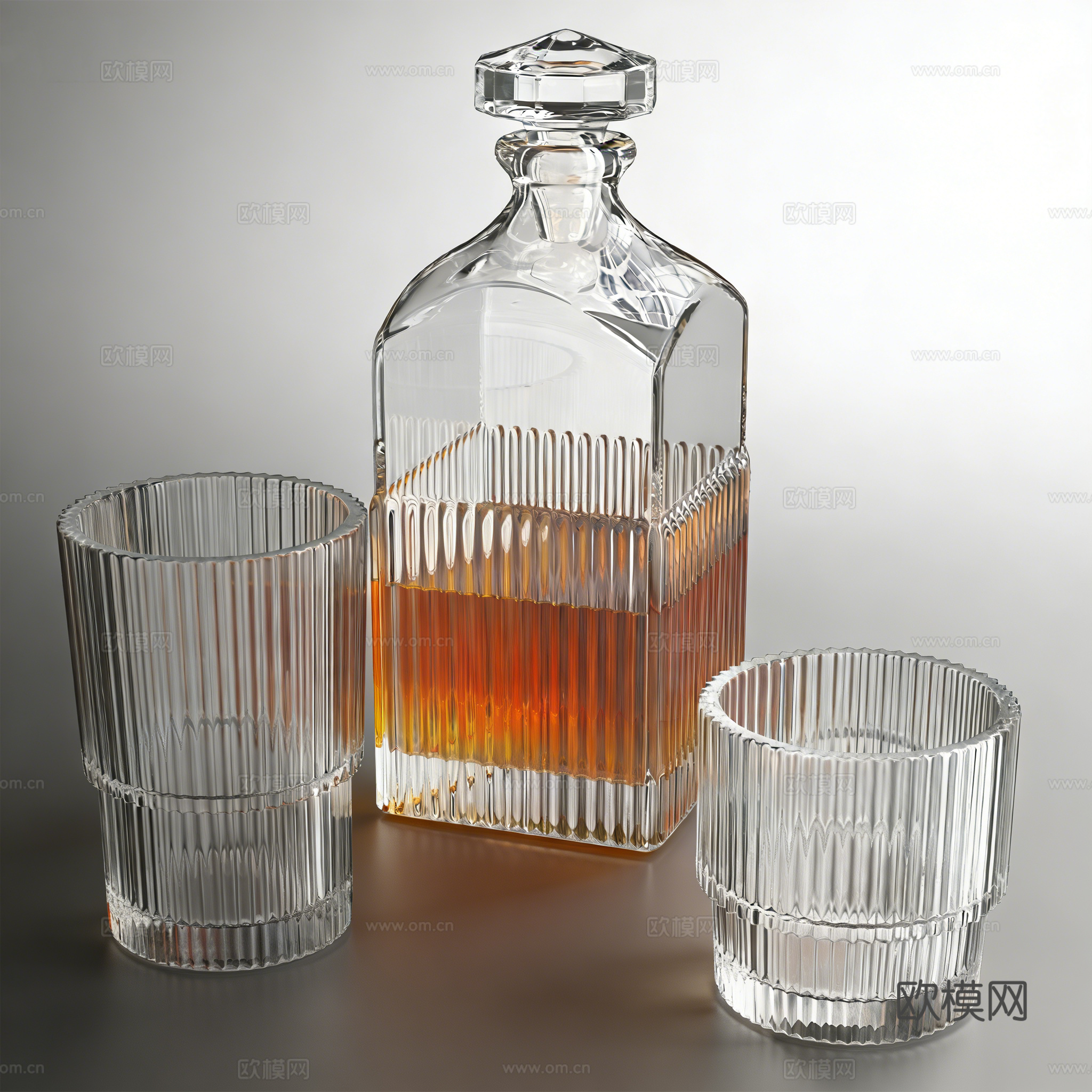 现代简约方形玻璃酒具 透明玻璃酒瓶酒杯 带液体酒水 威士忌酒su模型