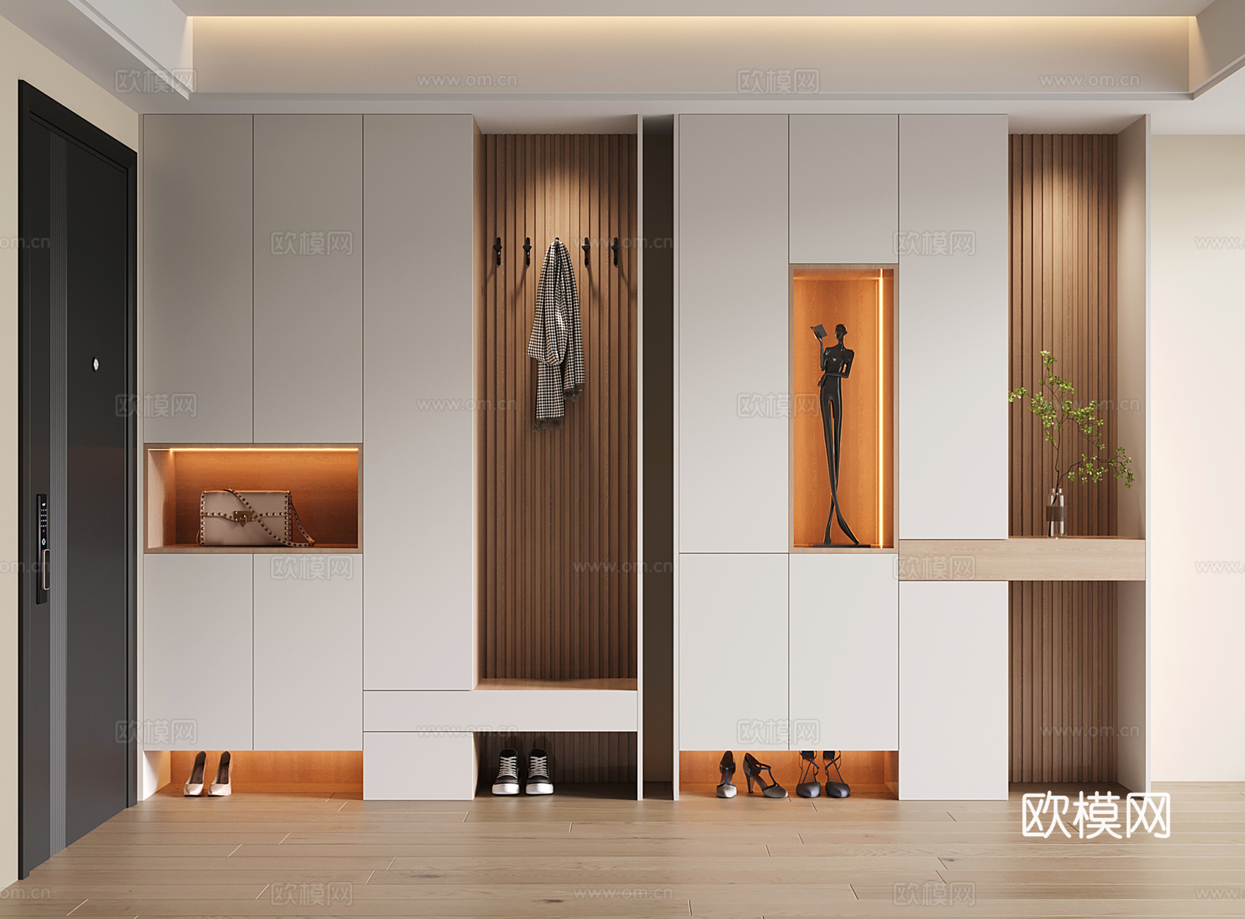现代鞋柜 玄关鞋柜 鞋柜换鞋凳一体su模型