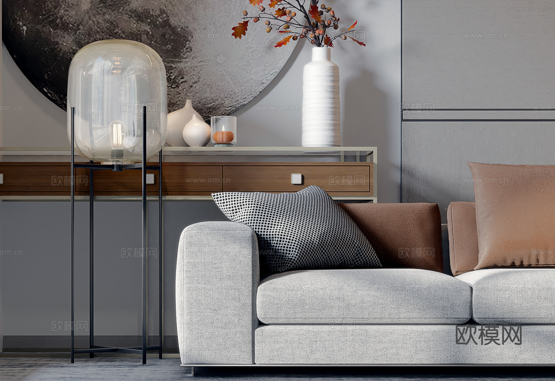 现代客厅 现代沙发 后现代沙发 单椅 落地灯 踏 玄关柜3d模型下载（渲染图2）