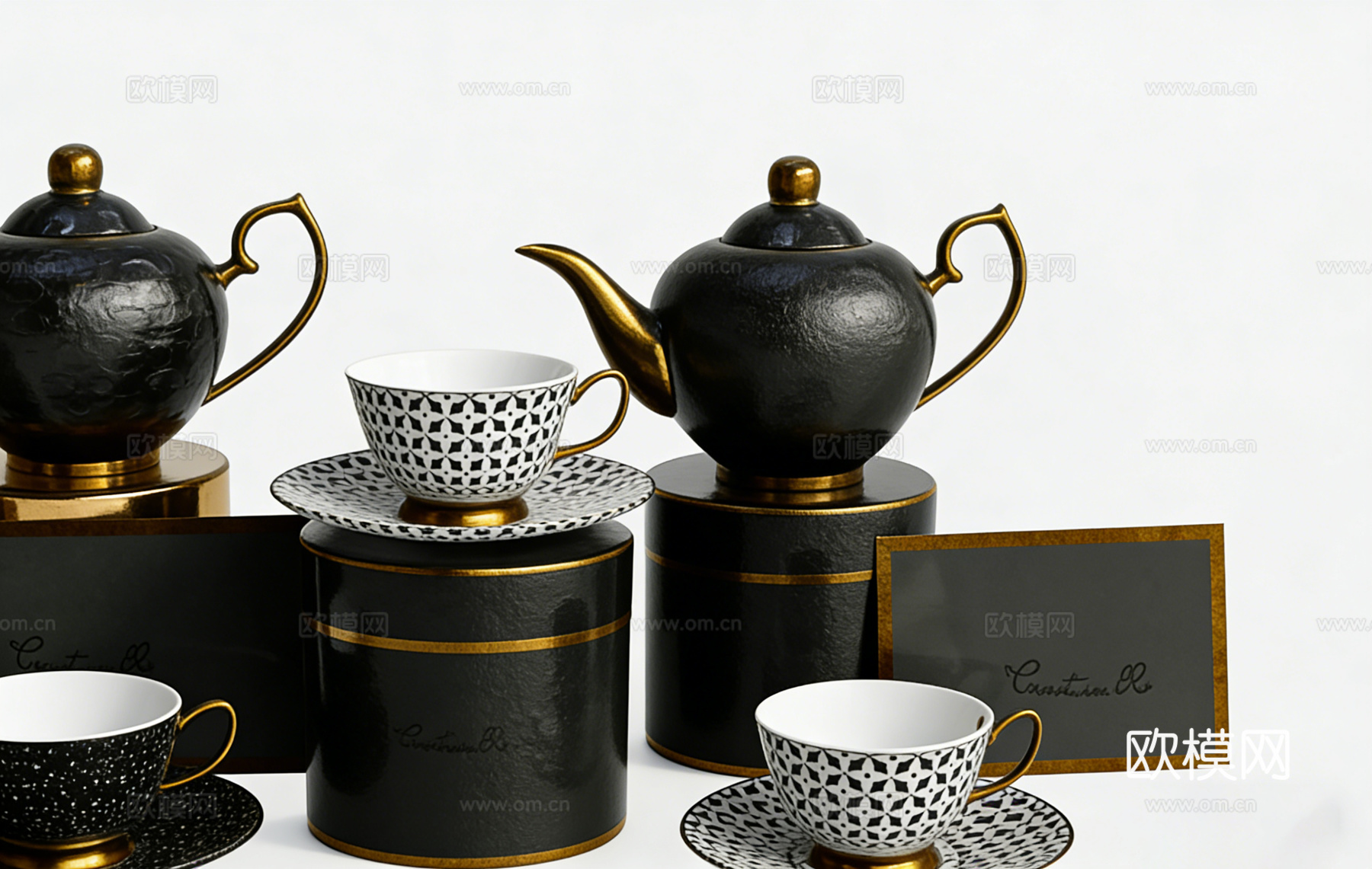 轻奢风茶具静物组合 黑金配色 锤纹茶壶 几何花纹茶杯茶碟套装su模型