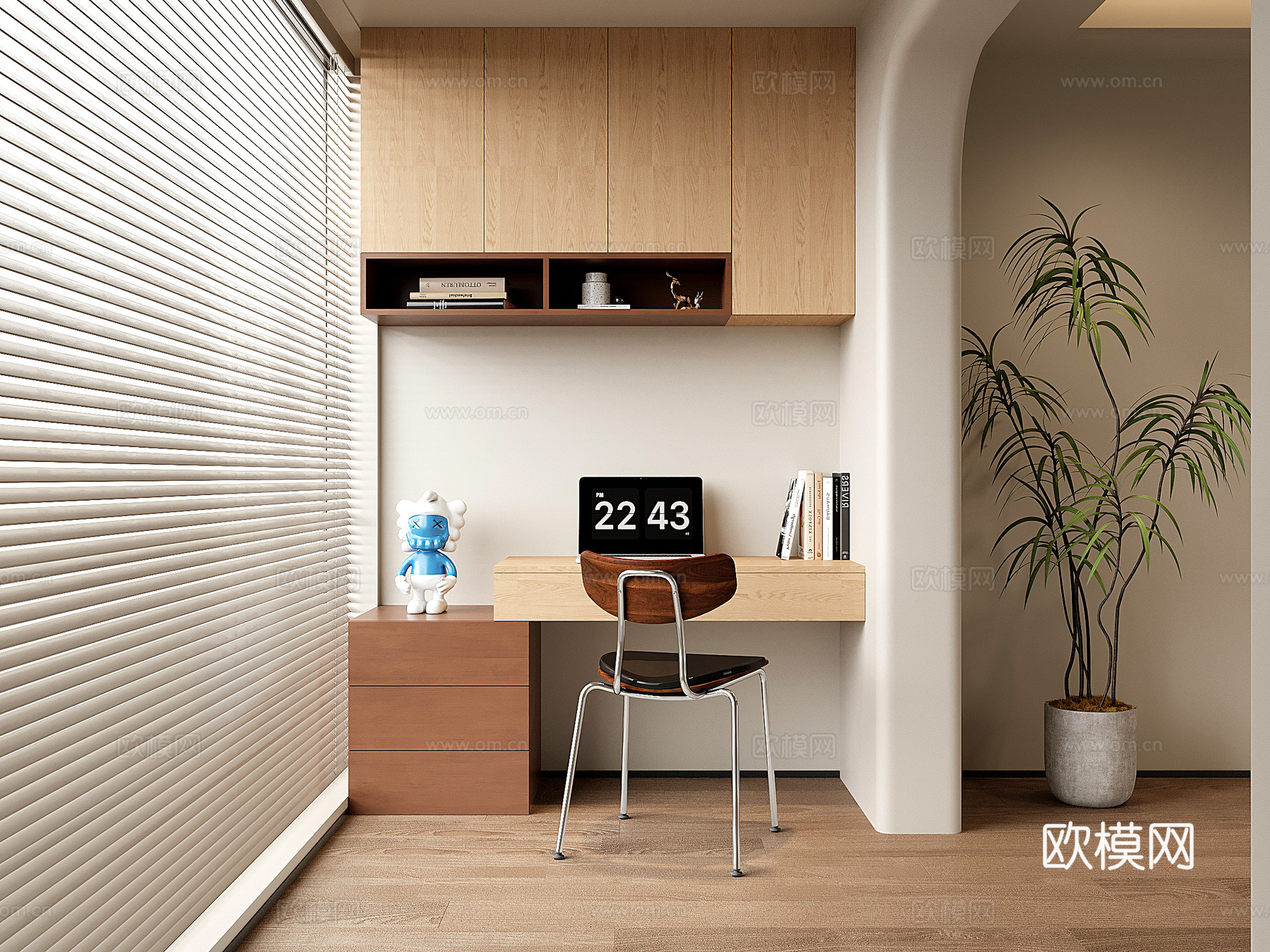 现代阳台书桌 书柜 书桌书柜一体柜su模型