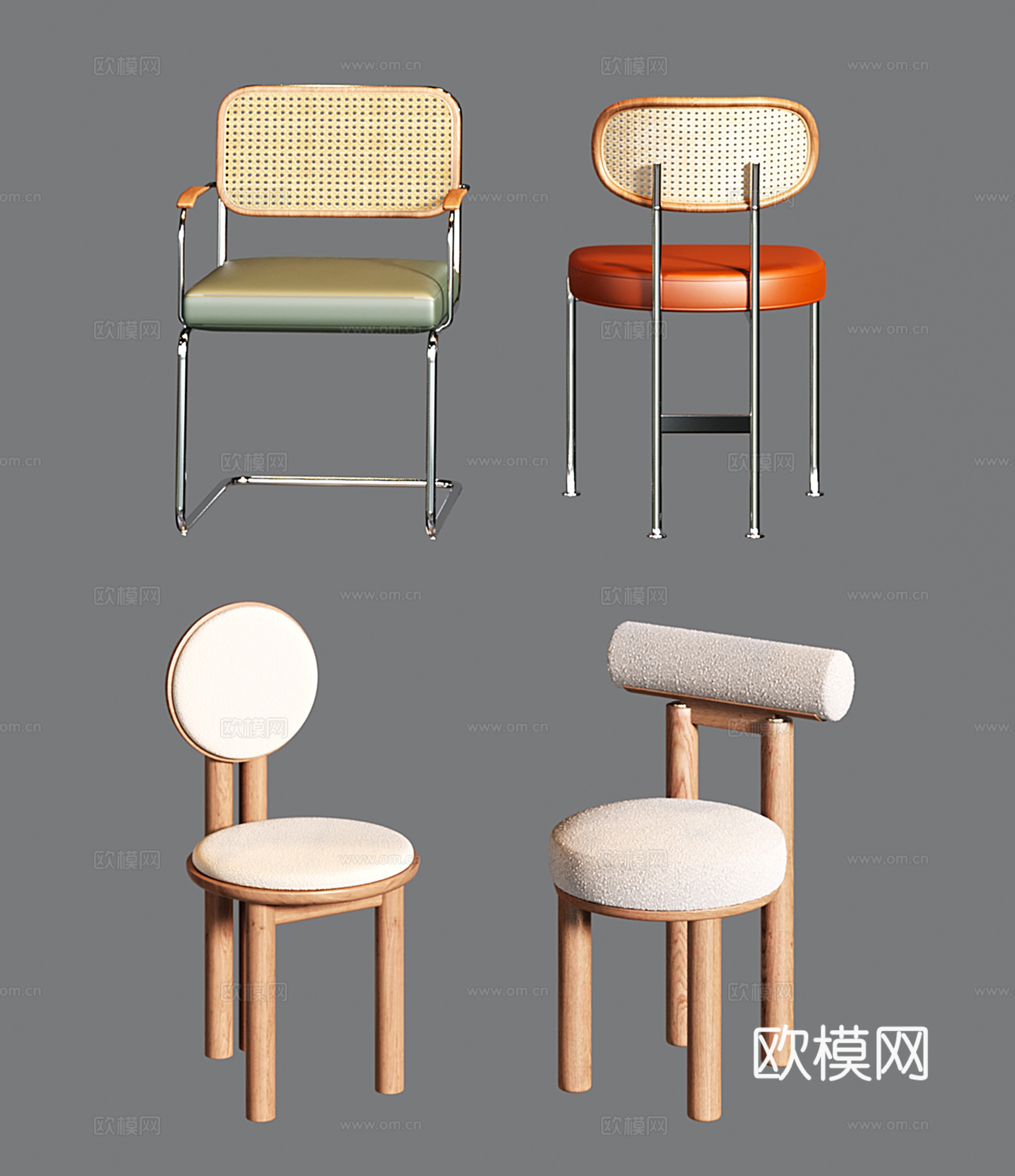 中古复古餐椅 藤编单椅 写字椅su模型