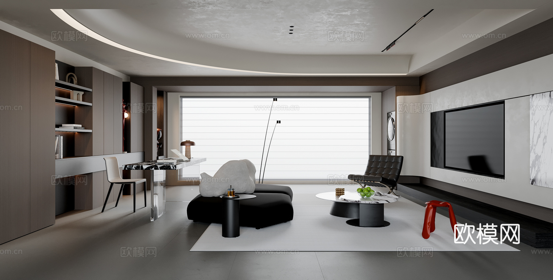 现代意式客厅 大平层 沙发茶几 书桌椅 电视背景墙 书柜su模型