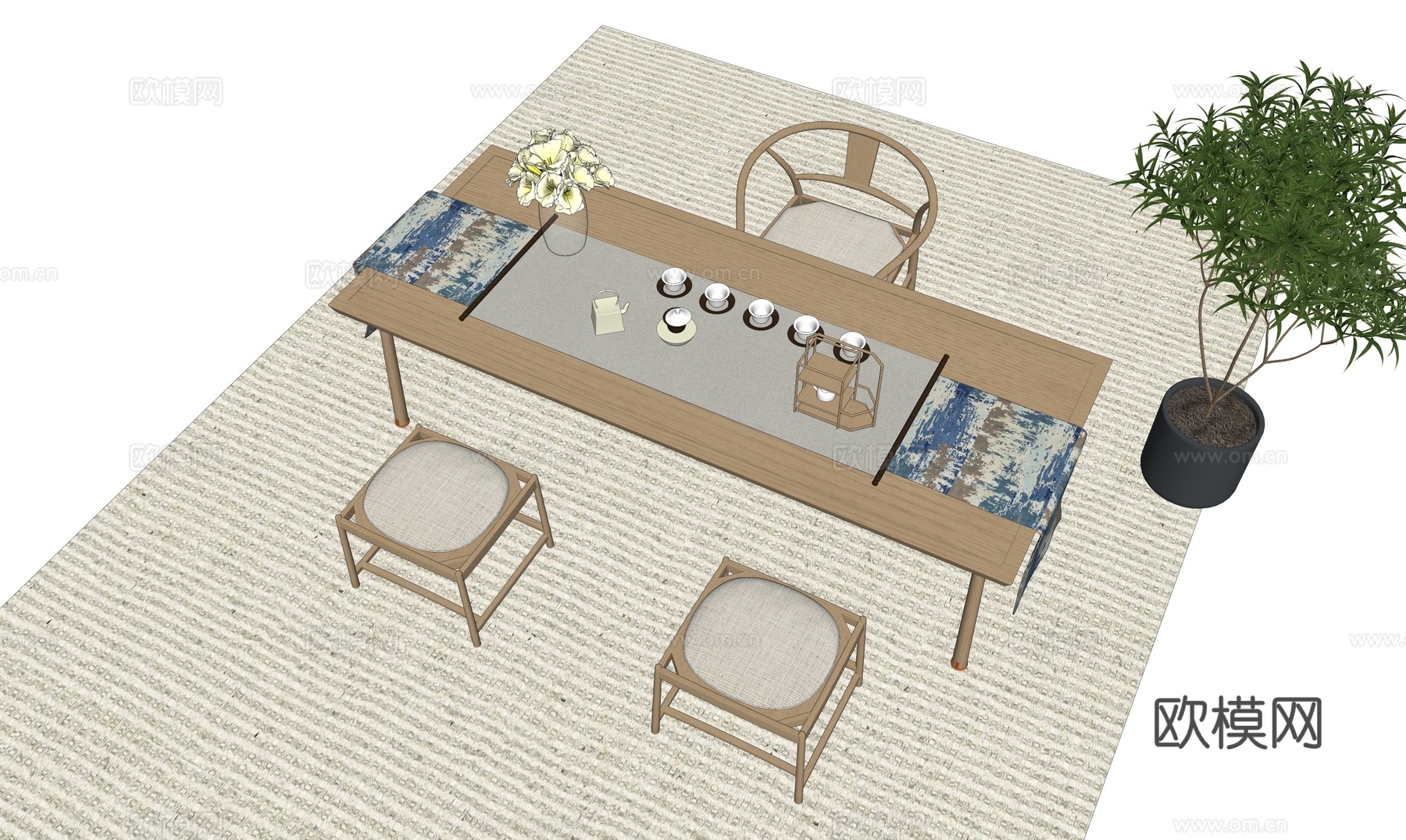 中式风格茶室_茶台桌椅_装饰摆件su模型