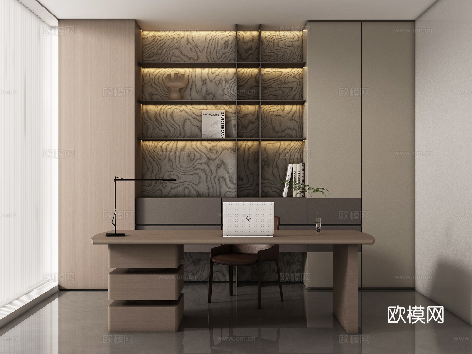 现代书房 书桌椅  办公桌椅 摆件组合 书柜su模型