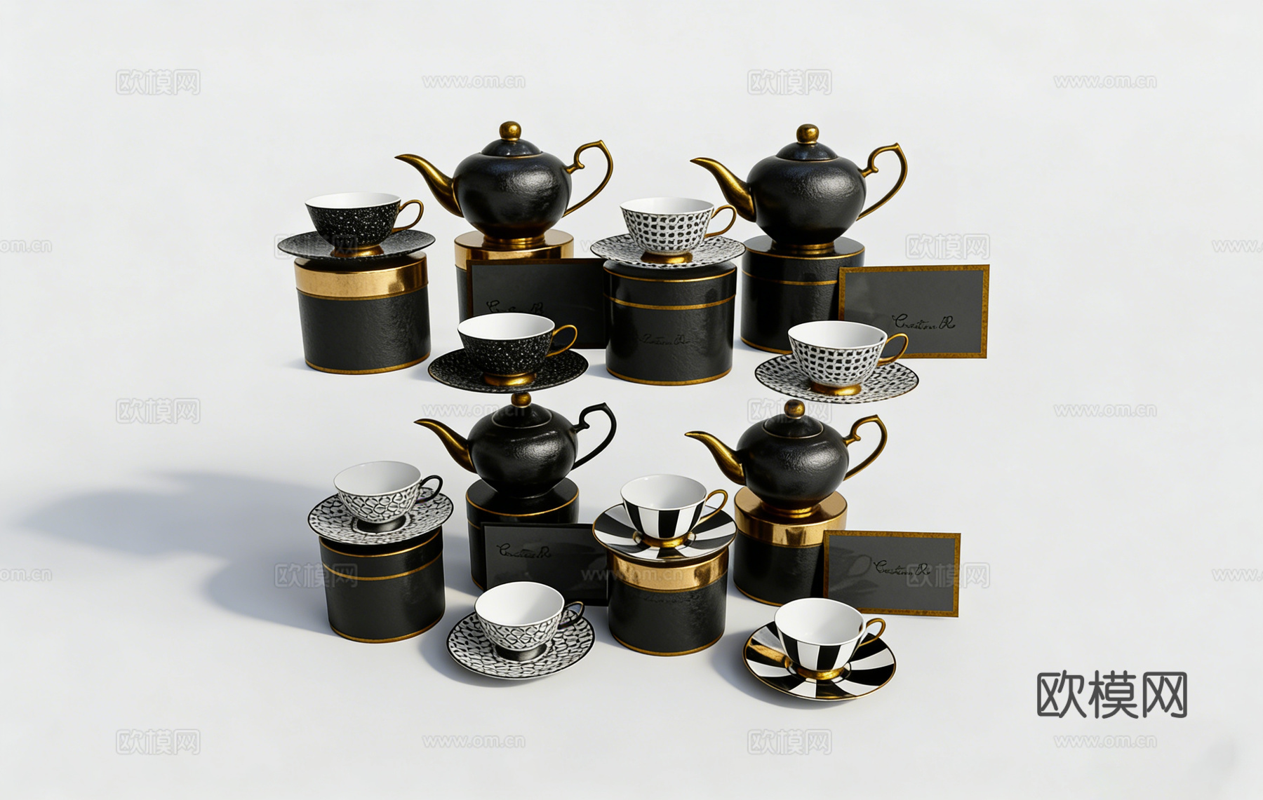 轻奢风茶具静物组合 黑金配色 锤纹茶壶 几何花纹茶杯茶碟套装su模型