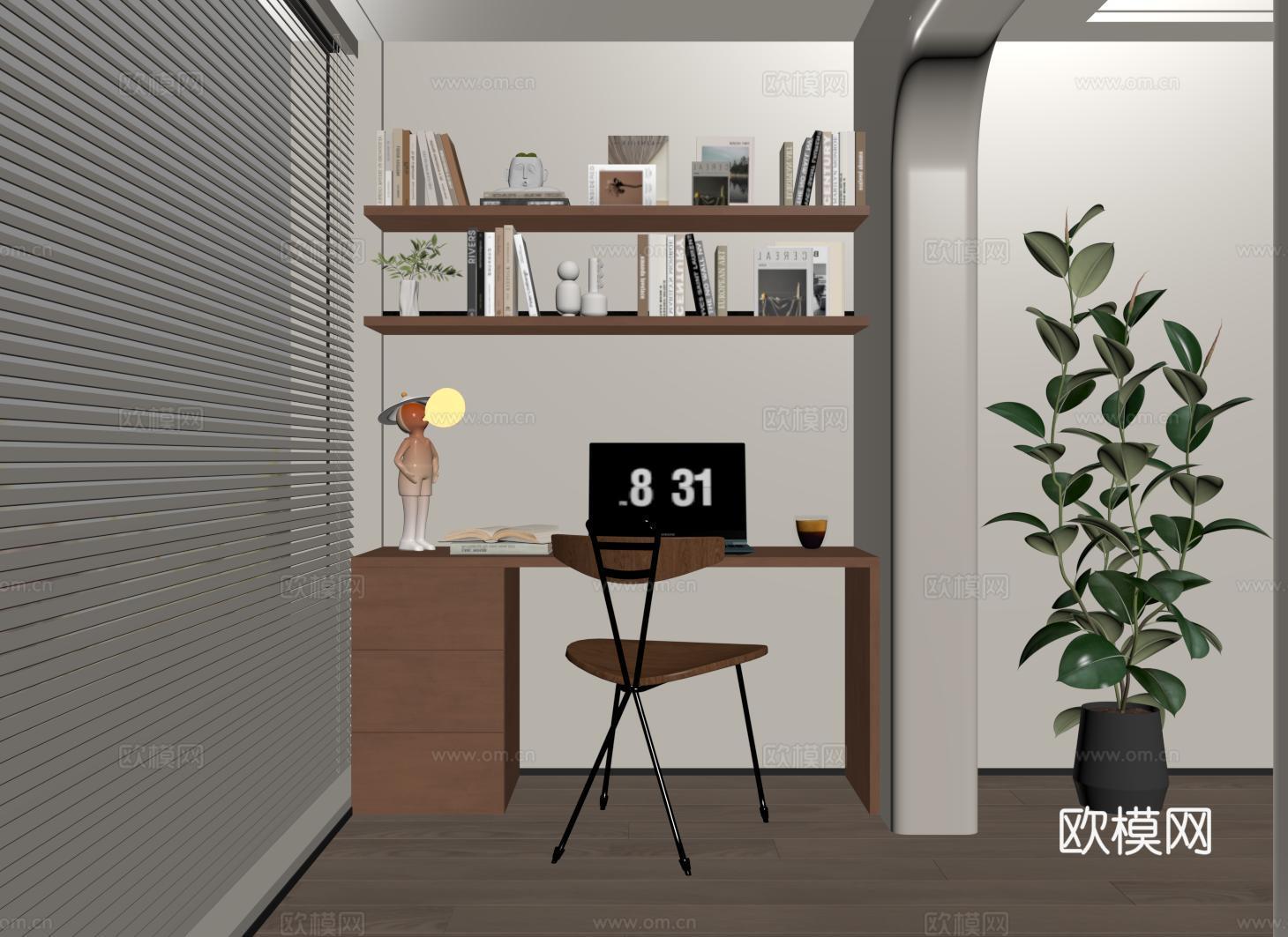 现代中古阳台书桌 书柜 书桌书柜一体柜su模型