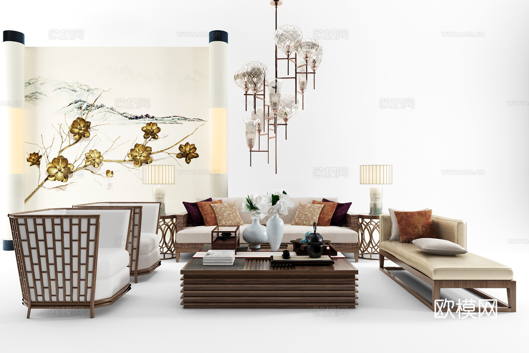 东南亚沙发茶几吊灯3d模型下载（渲染图1）