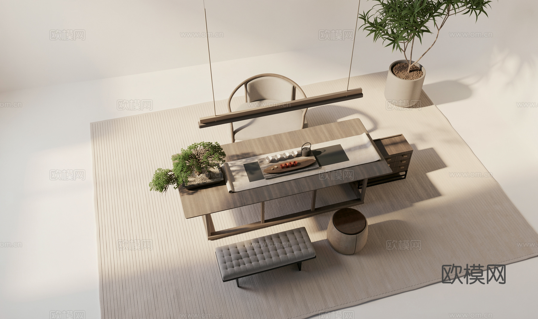 新中式茶桌椅 书桌椅 茶具 吊灯 茶室su模型