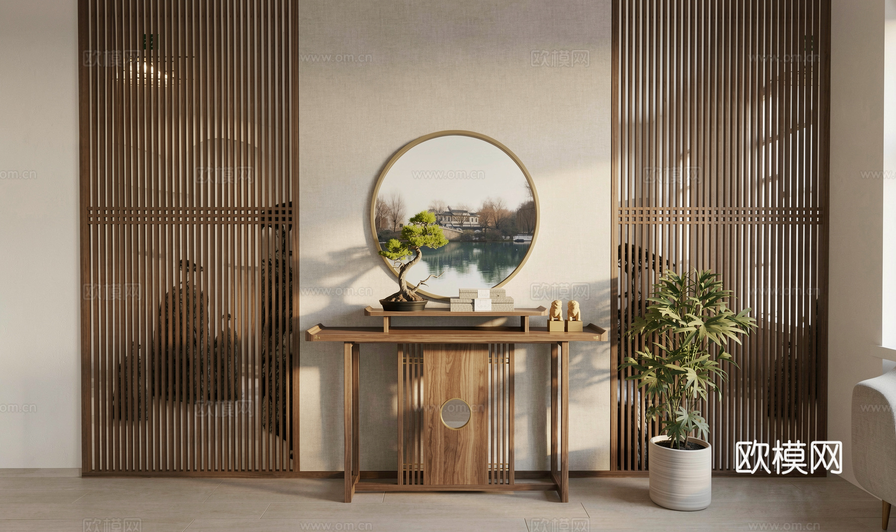 新中式端景条案su模型