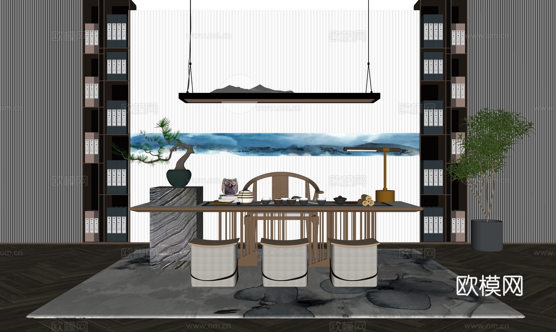 新中式实木茶桌椅茶室su模型