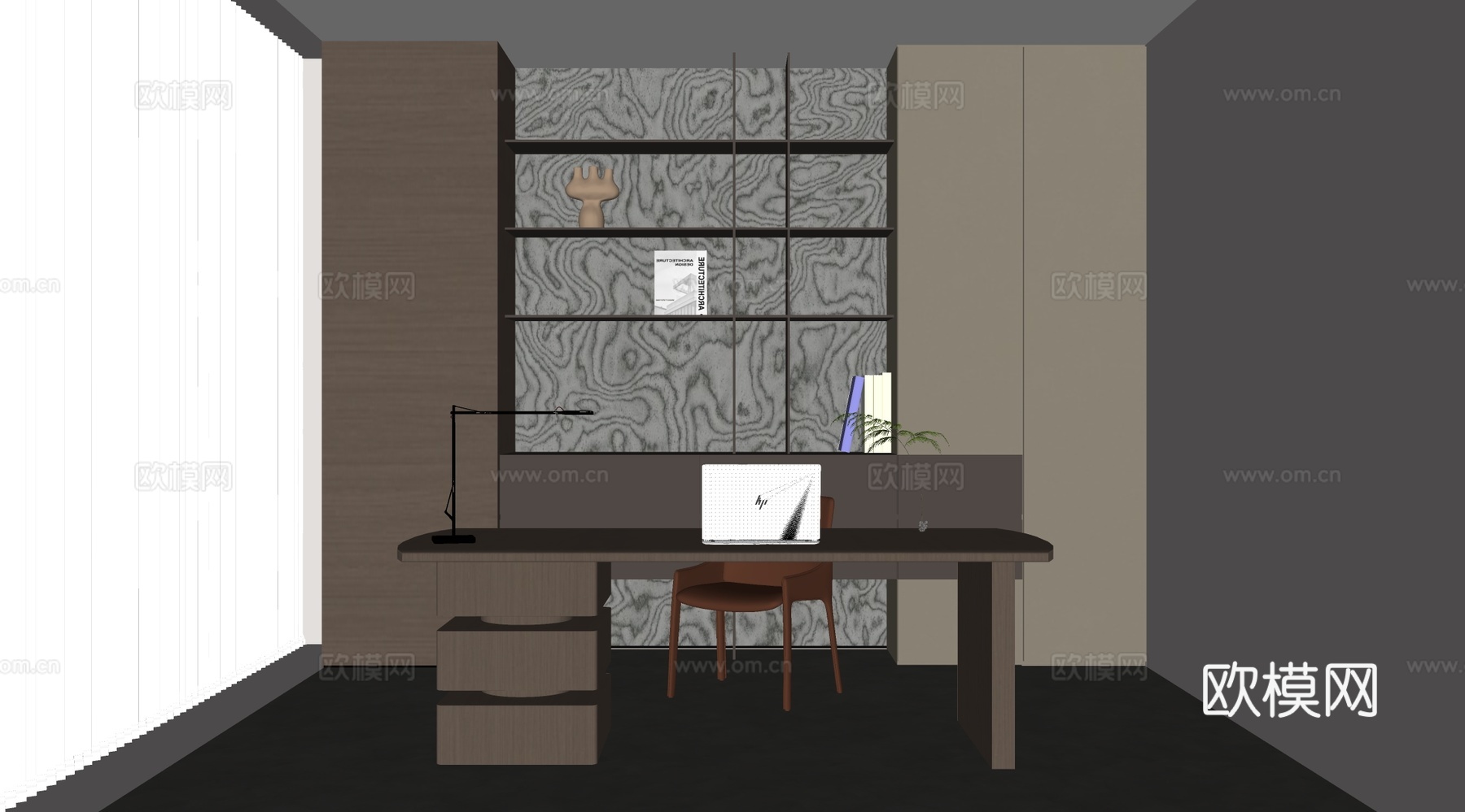 现代书房 书桌椅  办公桌椅 摆件组合 书柜su模型