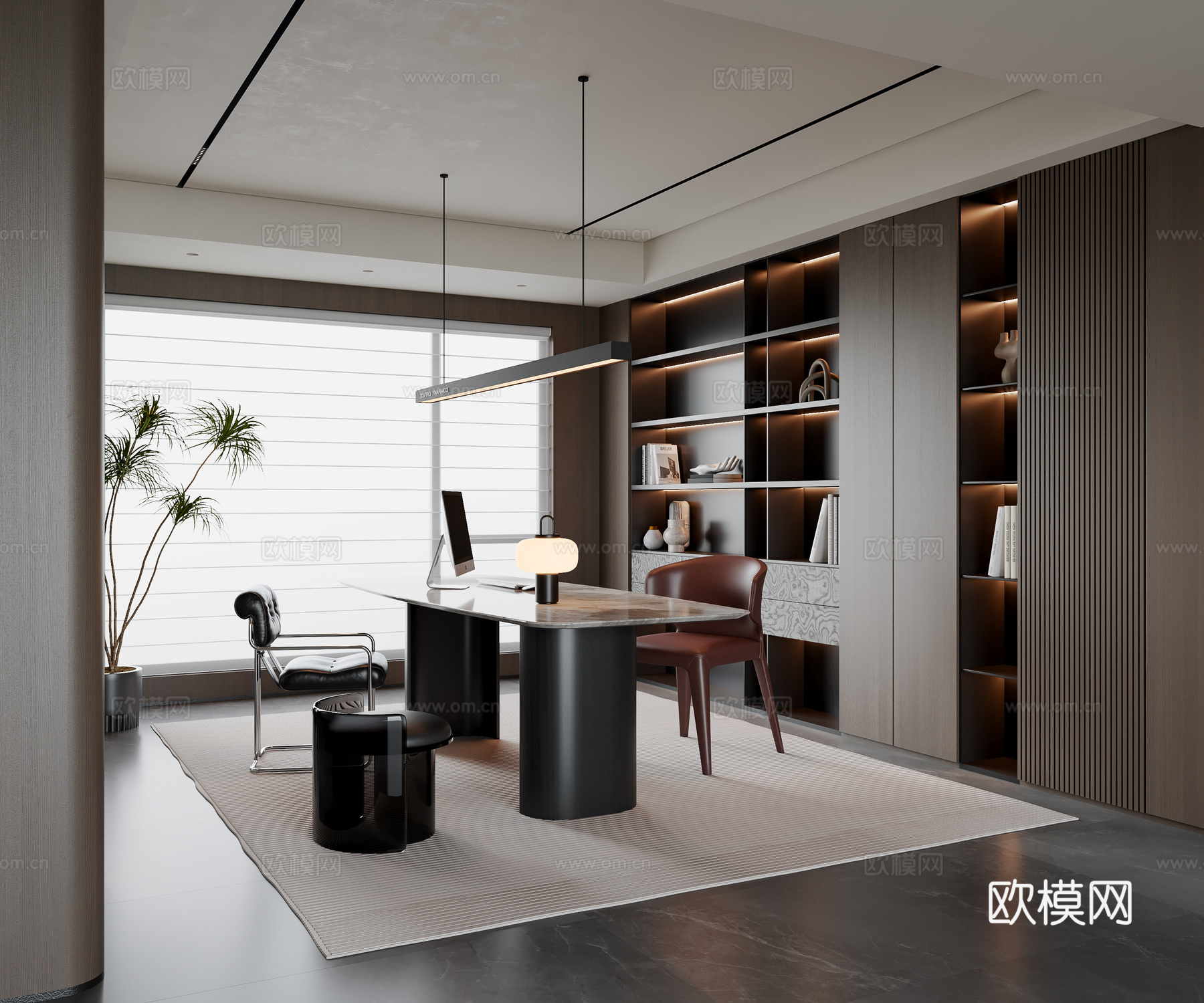 现代意式书房 书桌椅 吊灯 书柜 装饰柜 饰品摆件su模型