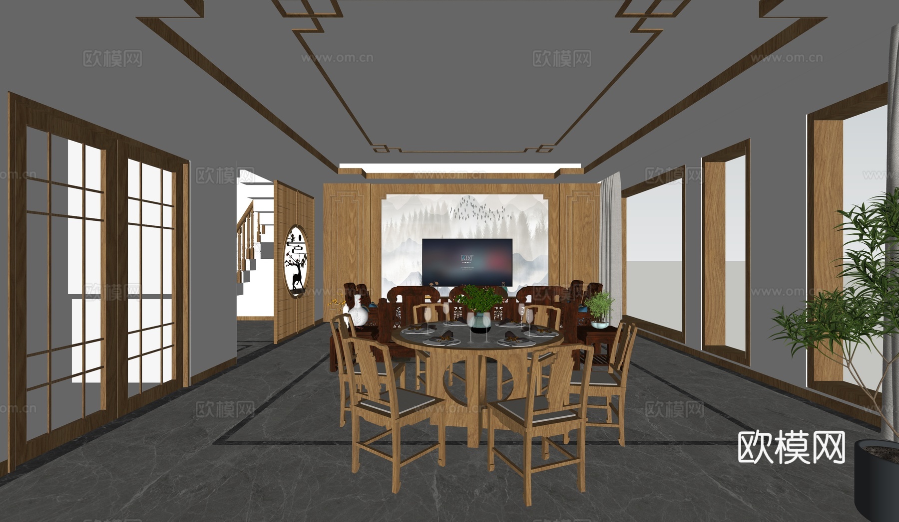 中式客餐厅_沙发_红木沙发_边几_电视墙_楼梯_餐桌su模型