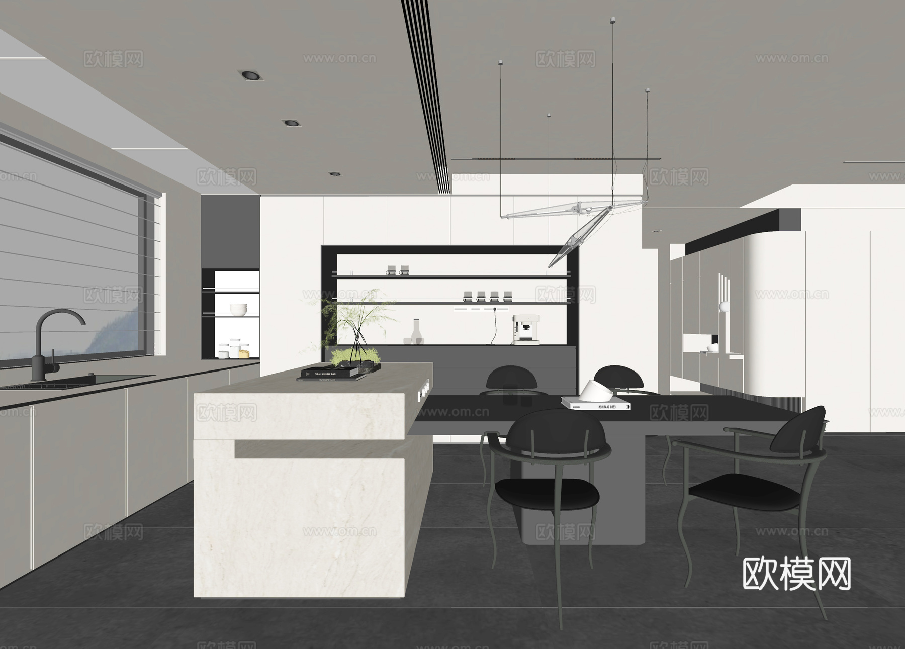 极简餐厅 吧台餐桌 餐边柜su模型