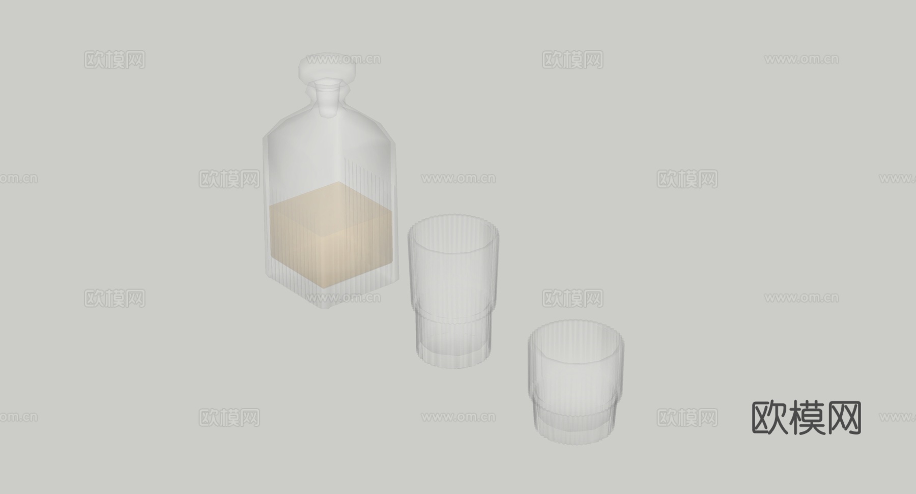 现代简约方形玻璃酒具 透明玻璃酒瓶酒杯 带液体酒水 威士忌酒su模型