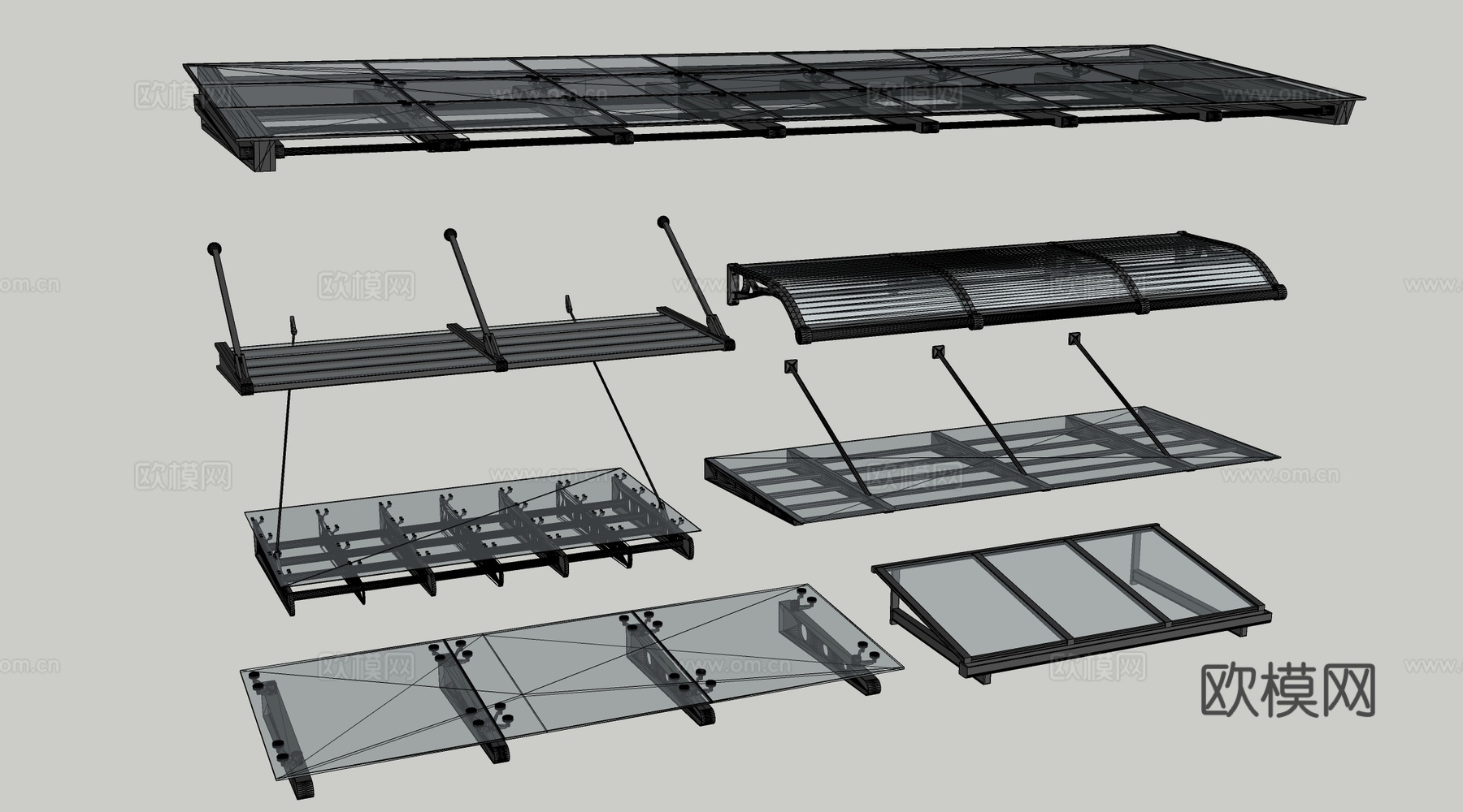 现代玻璃雨棚 钢构雨棚 玻璃雨打 阳光棚su模型