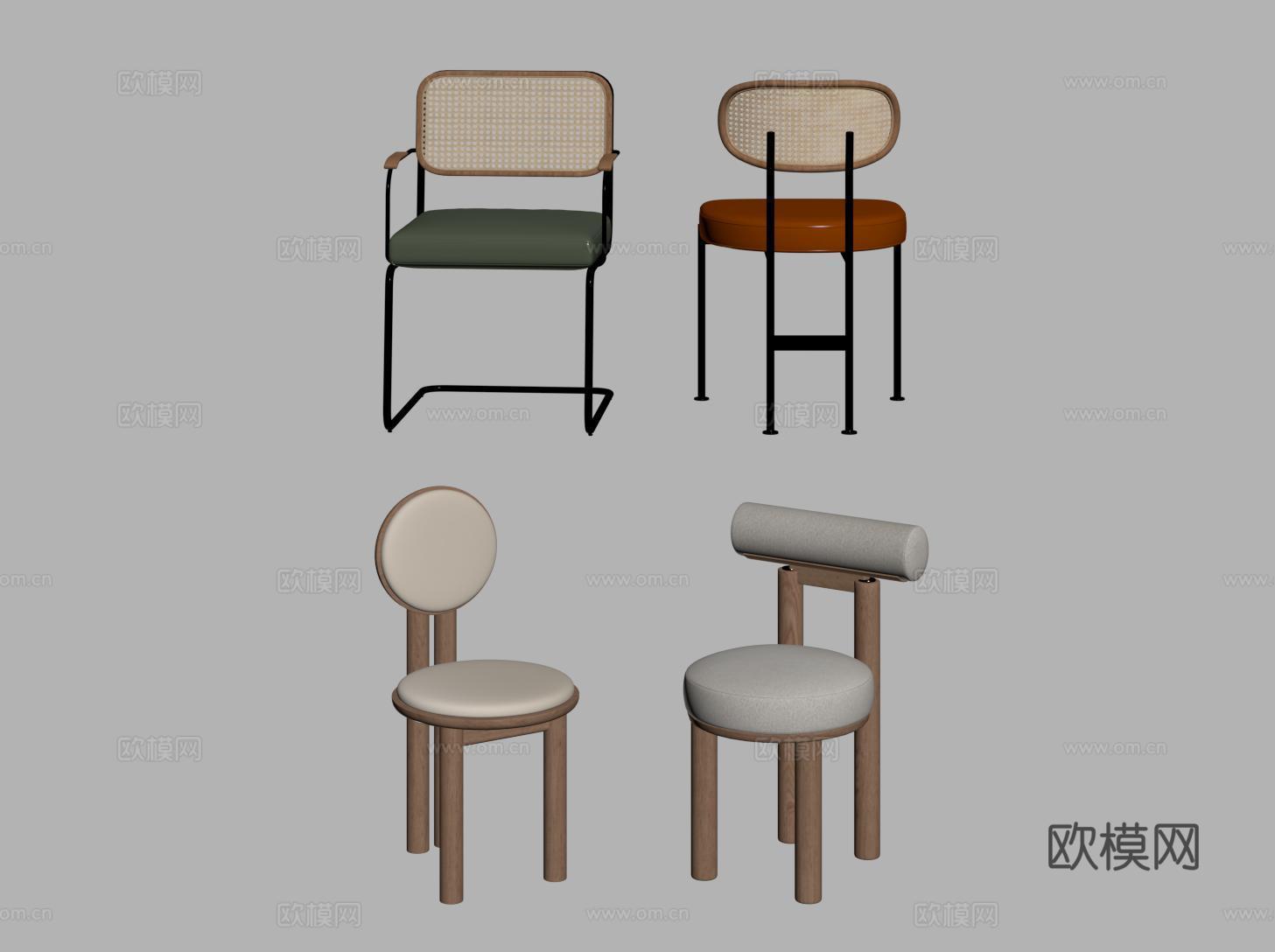 中古复古餐椅 藤编单椅 写字椅su模型